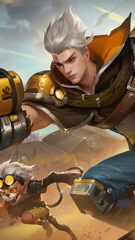 a close up of a person with a gun and a cat, official splash art, iconic character splash art, overwatch splash art, inspired by Huang Shen, by Yang J, junkrat from overwatch, ross tran and bayard wu, splash art, official overwatch game art, jin shan and ross tran, jazza and rossdraws, rossdraws and jazza