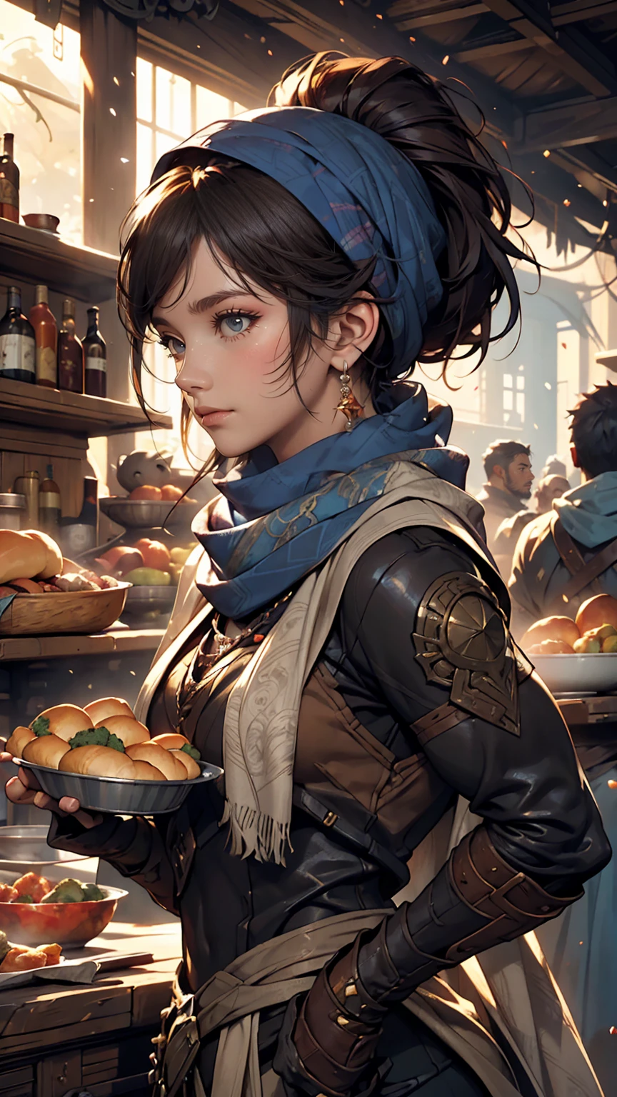 A picture of a woman with a scarf around her neck, Craig Mullins Alphonse Mucha, Artgerm Craig Mullins, Beautiful character drawings, Lads and Lois Van Baarle, Artjam and Athi Gairan, Charlie Bowter: Rich and deep colors, Lostrun 8k, ( ( Heaps of food ) ), Artgerm and Craig Mullins