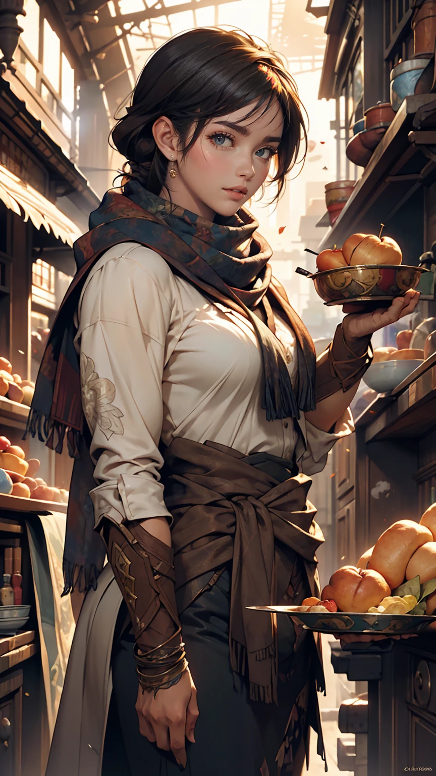A picture of a woman with a scarf around her neck, Craig Mullins Alphonse Mucha, Artgerm Craig Mullins, Beautiful character drawings, Lads and Lois Van Baarle, Artjam and Athi Gairan, Charlie Bowter: Rich and deep colors, Lostrun 8k, ( ( Heaps of food ) ), Artgerm and Craig Mullins