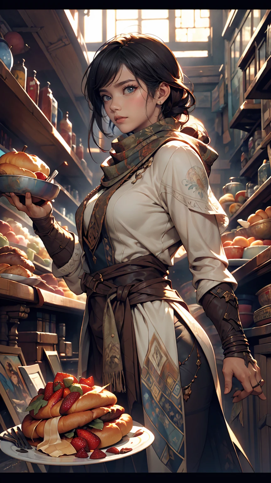 A picture of a woman with a scarf around her neck, Craig Mullins Alphonse Mucha, Artgerm Craig Mullins, Beautiful character drawings, Lads and Lois Van Baarle, Artjam and Athi Gairan, Charlie Bowter: Rich and deep colors, Lostrun 8k, ( ( Heaps of food ) ), Artgerm and Craig Mullins