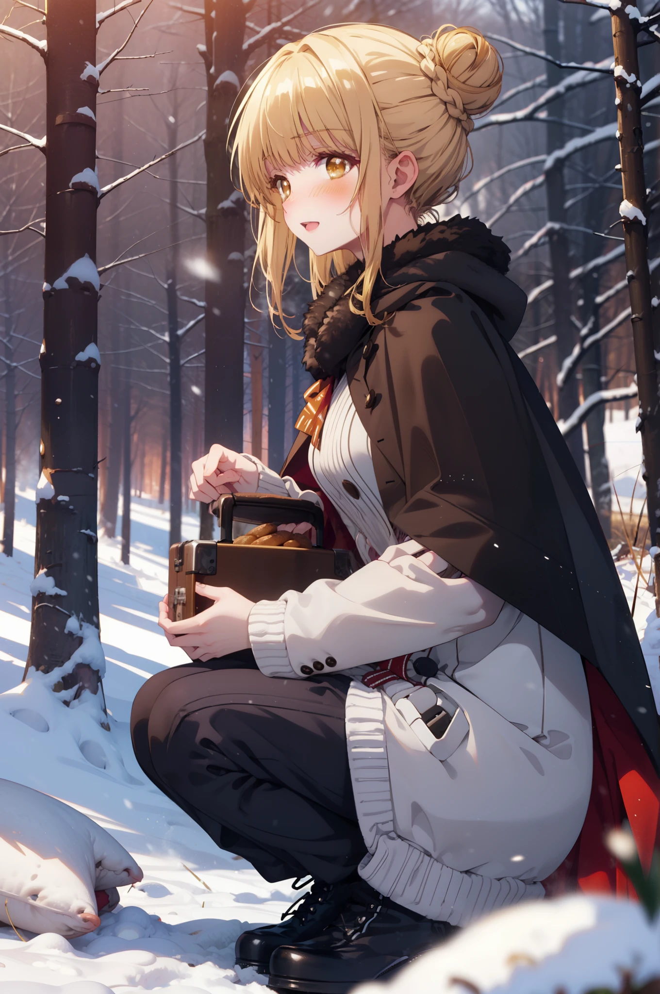 This is Mahirshina, Mahiru shiina, blonde, (Brown eyes:1.7), Long Hair, happy smile, smile, Open your mouth,Hair Bun, single Hair Bun,blush,White Breath,
Open your mouth,snow,Ground bonfire, Outdoor, boots, snowing, From the side, wood, suitcase, Cape, Blurred, Increase your meals, forest, White handbag, nature,  Squat, Mouth closed, フードed Cape, winter, Written boundary depth, Black shoes, red Cape break looking at viewer, Upper Body, whole body, break Outdoor, forest, nature, break (masterpiece:1.2), highest quality, High resolution, unity 8k wallpaper, (shape:0.8), (Beautiful and beautiful eyes:1.6), Highly detailed face, Perfect lighting, Highly detailed CG, (Perfect hands, Perfect Anatomy),