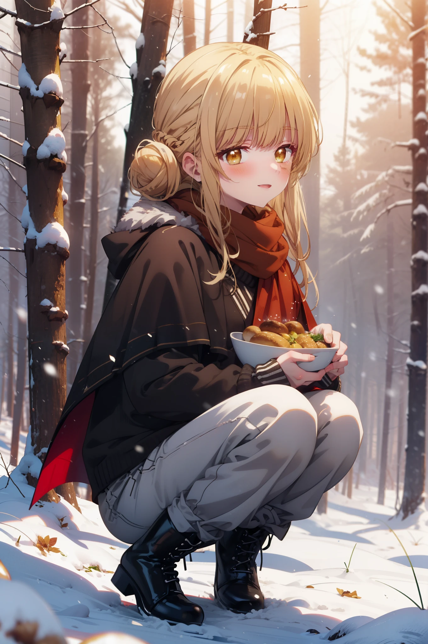 This is Mahirshina, Mahiru shiina, blonde, (Brown eyes:1.7), Long Hair, happy smile, smile, Open your mouth,Hair Bun, single Hair Bun,blush,White Breath,
Open your mouth,snow,Ground bonfire, Outdoor, boots, snowing, From the side, wood, suitcase, Cape, Blurred, Increase your meals, forest, White handbag, nature,  Squat, Mouth closed, フードed Cape, winter, Written boundary depth, Black shoes, red Cape break looking at viewer, Upper Body, whole body, break Outdoor, forest, nature, break (masterpiece:1.2), highest quality, High resolution, unity 8k wallpaper, (shape:0.8), (Beautiful and beautiful eyes:1.6), Highly detailed face, Perfect lighting, Highly detailed CG, (Perfect hands, Perfect Anatomy),