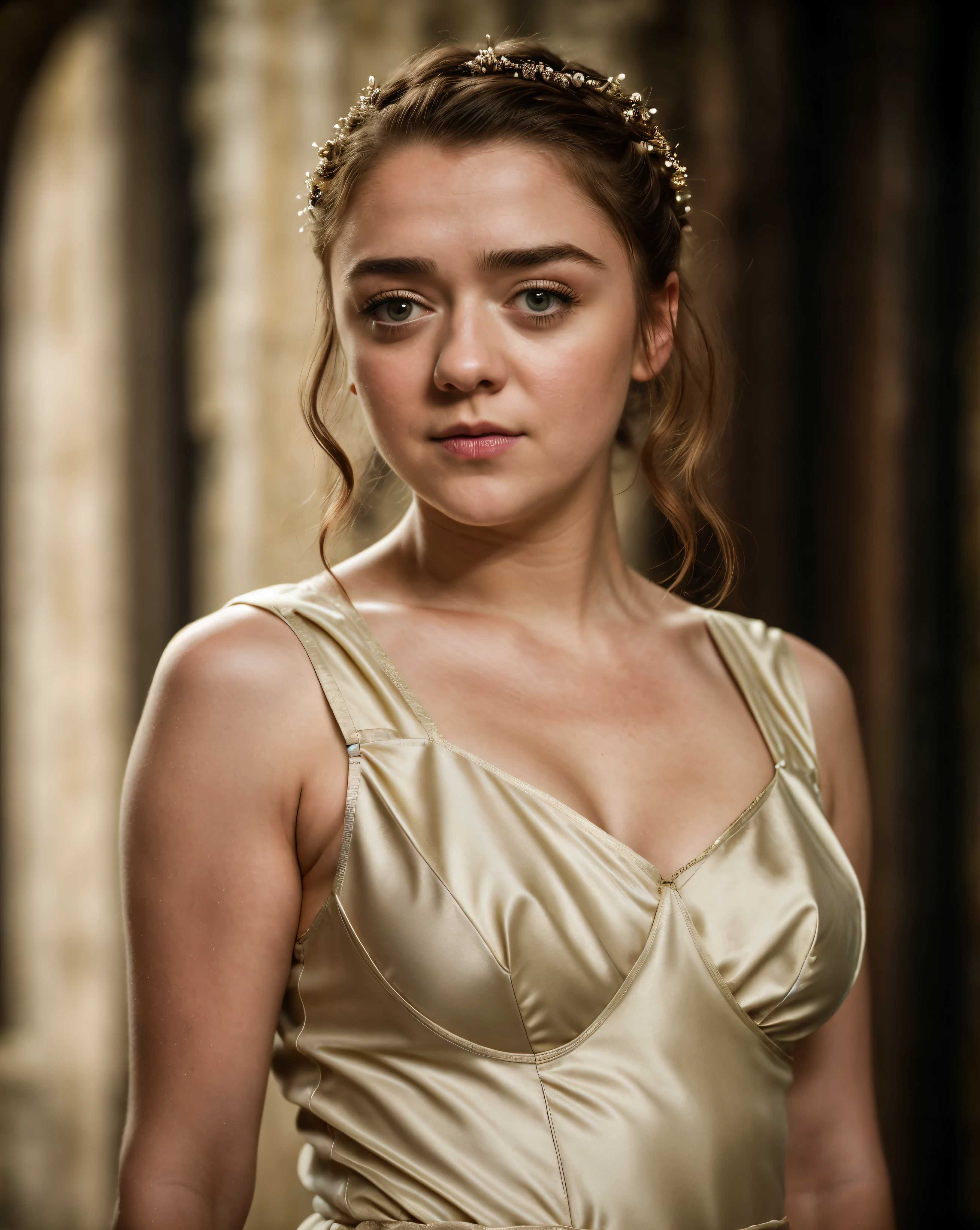 Foto RAW, Arya Stark, Stunning Beauty, Ravishing, Enchantress, Extremely gorgeous lady, Arya Stark PLAYED BY MAISIE WILLIAMS, Queen Arya Stark, she a mature woman now, milf, sexy mediaeval battle dress, gladiator woman, body, 40 years old Woman, Roman slave dress, cotton dress, busty mediaeval costumes, body revealing costumes, perky breast, big natural breast, erotic costumes, lusty physique, seductive figure can capture every people's attention, Game of thrones costumes, revealing captivating figure, Mediaeval costumes, revealing clothes, A tomboy, she would rather fence than dance, warrior queen , game of thrones screen caps, Game of Thrones Series, (pele altamente detalhada: 1.2), 8k UHD, DSLR, soft-lighting, alta qualidade, grain of film, Fujifilm XT3, flawless picture, highly detailed, detailed Beauty, intricate, 32k, sharp picture,