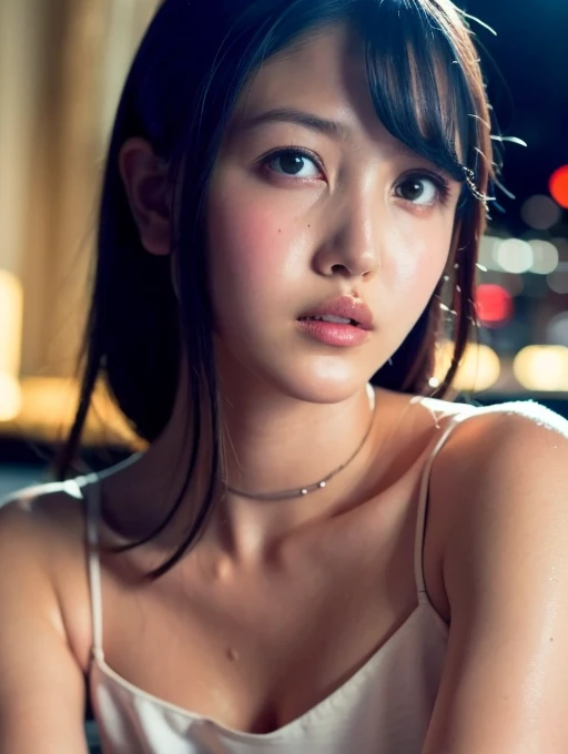 Looking into the camera, Big Breasts, Mix 4,(8k, RAW Photos, highest quality, masterpiece:1.2), (Realistic, photo-Realistic:1.37),1girl,cute,Cityscape, night, rain, Wet, Professional Lighting, Photon Mapping, Radio City, Physically Based Rendering, Gradient black hair, Gray Hair, Short Curly Hair, good looking, girl, Superior Quality, High resolution, 1080p, (Beautiful face), (Detailed facial depiction), (Detailed description of the hand ),(masterpiece),(Detailed CG),Extreme light and shadow, Messy Hair, masterpiece, Rich details,(exquisite features),(highest quality),(masterpiece),(Delicate eyes),I look forward to seeing you, Beautiful clavicle