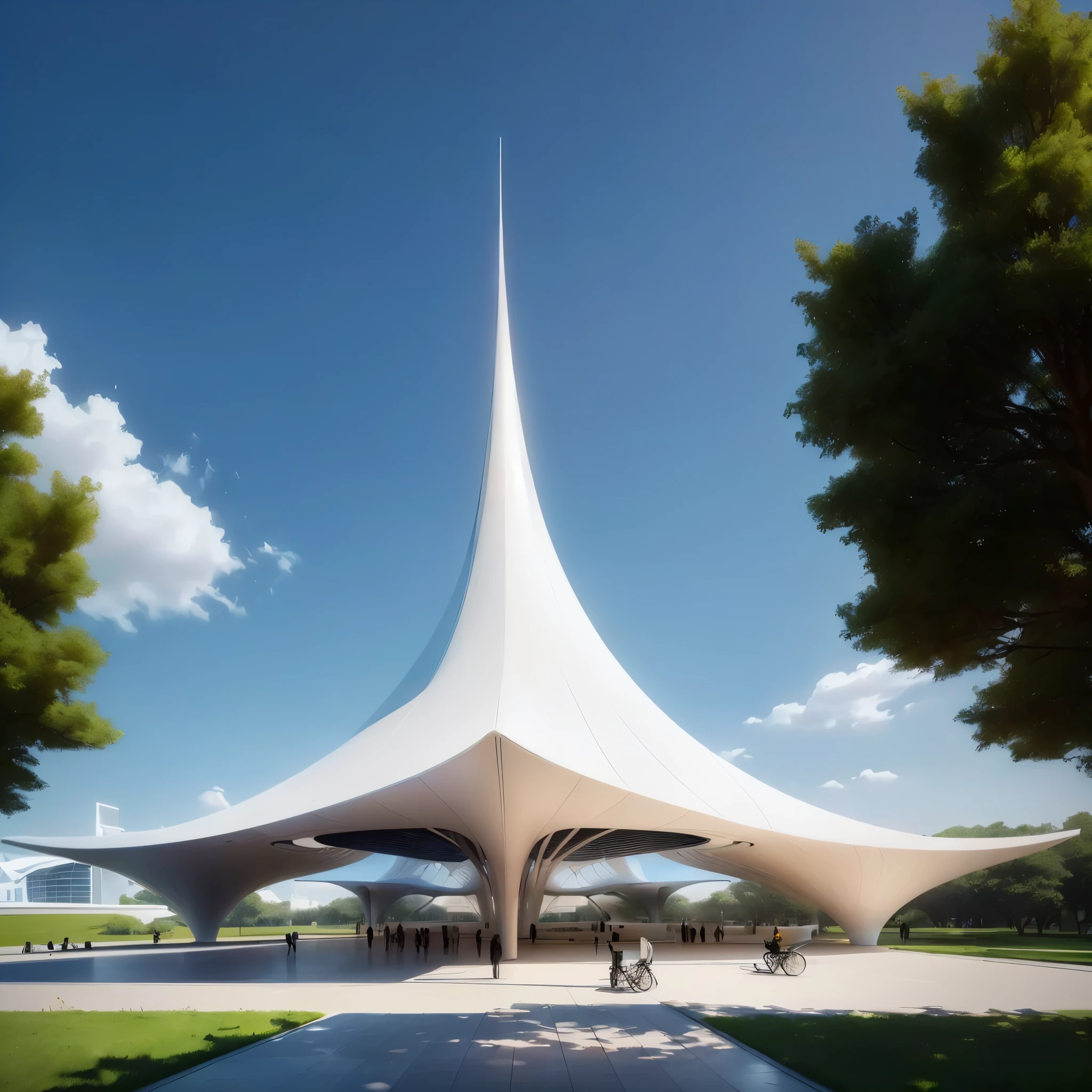 There is a huge white building in the park,The roof is curved, by Zha Shibiao, inspired by Zha Shibiao, Futuristic Church, Santiago Calatrava, foster and partners, Web portals. Zaha Hadid, Architectural Visualization, Rendering in Lumion, architectural renderinging, Zaha Hadid octane highly render, Photos from 2022, architectural rendering, tent architecture