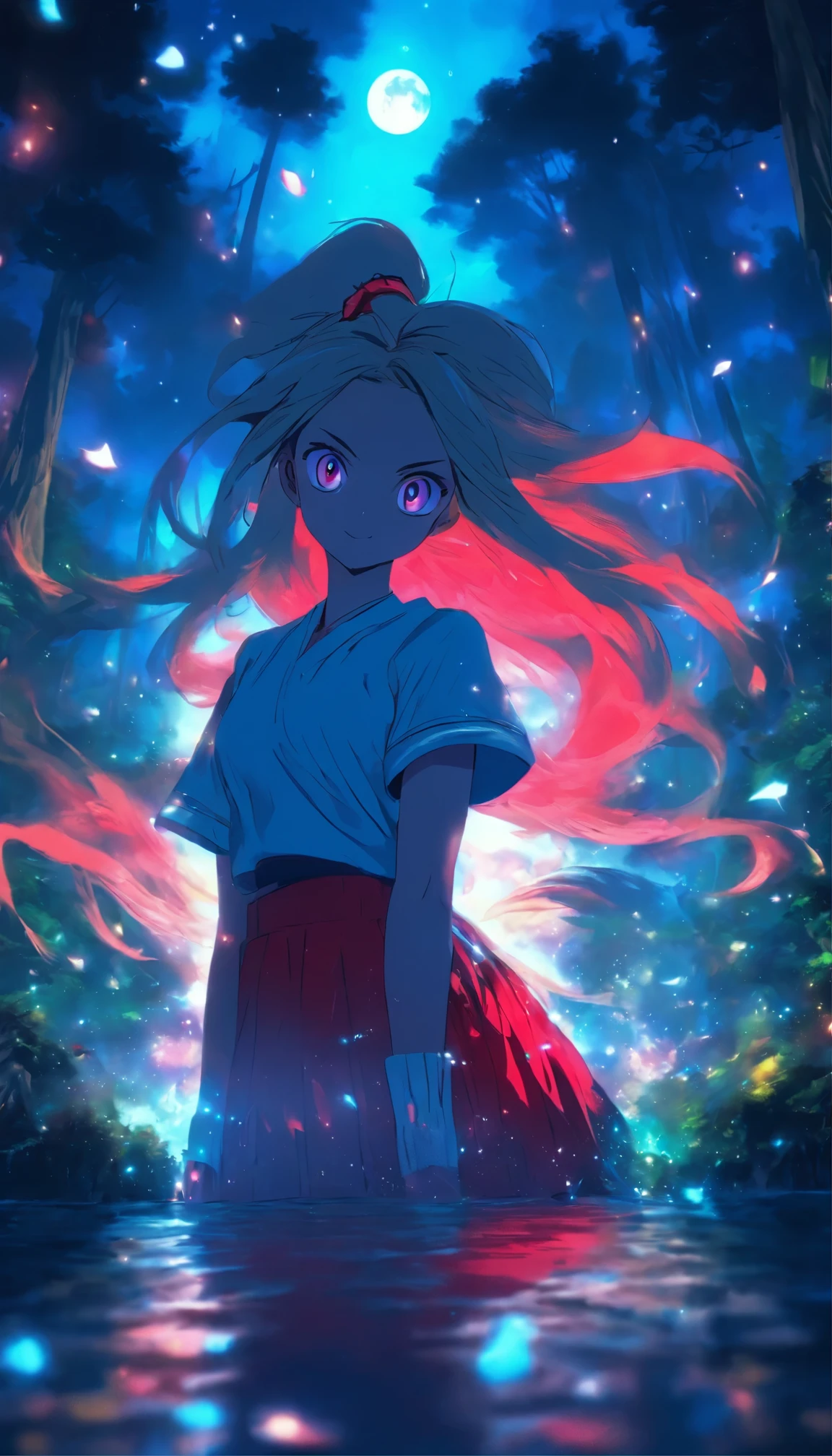 1girll, Solo，ssmile，White shirt, Red skirt, Socks, dual horsetail，Full body like，Beautiful outdoor background, night moon, forest，glowworm，Pisif, concept-art, Lofi art style, Reflection，The hair is meticulously depicted，The eyes are meticulously depicted， highly detailed surreal vfx，oc rendered，