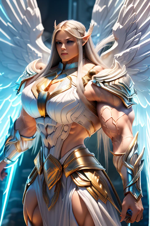 ((((Massive tall, beautiful, buff, light brown skinned muscular angel woman with white hair, huge angel wings, ginormous bulky muscles, heroically standing and wearing a beautiful white angel futuristic armor with pleated skirt)))), (close view), massive muscles, massive biceps, hyper muscle shoulders, massive muscle arms, vascular shoulders, hyper muscle triceps, huge angel wings, (long straight hair), pleated skirt, blue eyes, choker, angel gauntlets, on top of a magical skyscraper in a mystical world, heroic pose, hyper vascular arm, hyper muscles arms, hyper muscle legs, (massive arms).