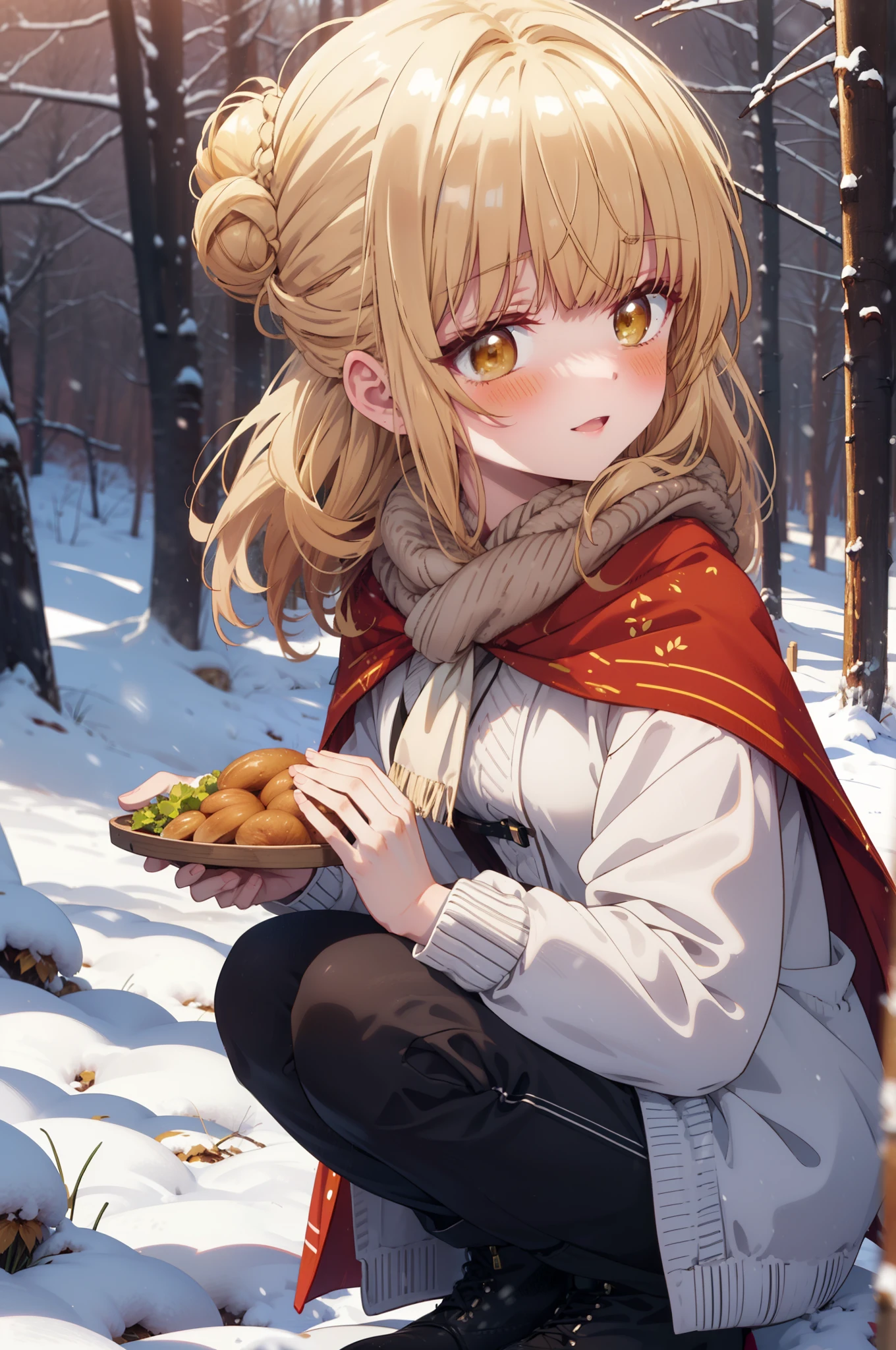 This is Mahirshina, Mahiru shiina, blonde, (Brown eyes:1.7), Long Hair, happy smile, smile, Open your mouth,Hair Bun, single Hair Bun,blush,White Breath,
Open your mouth,snow,Ground bonfire, Outdoor, boots, snowing, From the side, wood, suitcase, Cape, Blurred, Increase your meals, forest, White handbag, nature,  Squat, Mouth closed, フードed Cape, winter, Written boundary depth, Black shoes, red Cape break looking at viewer, Upper Body, whole body, break Outdoor, forest, nature, break (masterpiece:1.2), highest quality, High resolution, unity 8k wallpaper, (shape:0.8), (Beautiful and beautiful eyes:1.6), Highly detailed face, Perfect lighting, Highly detailed CG, (Perfect hands, Perfect Anatomy),