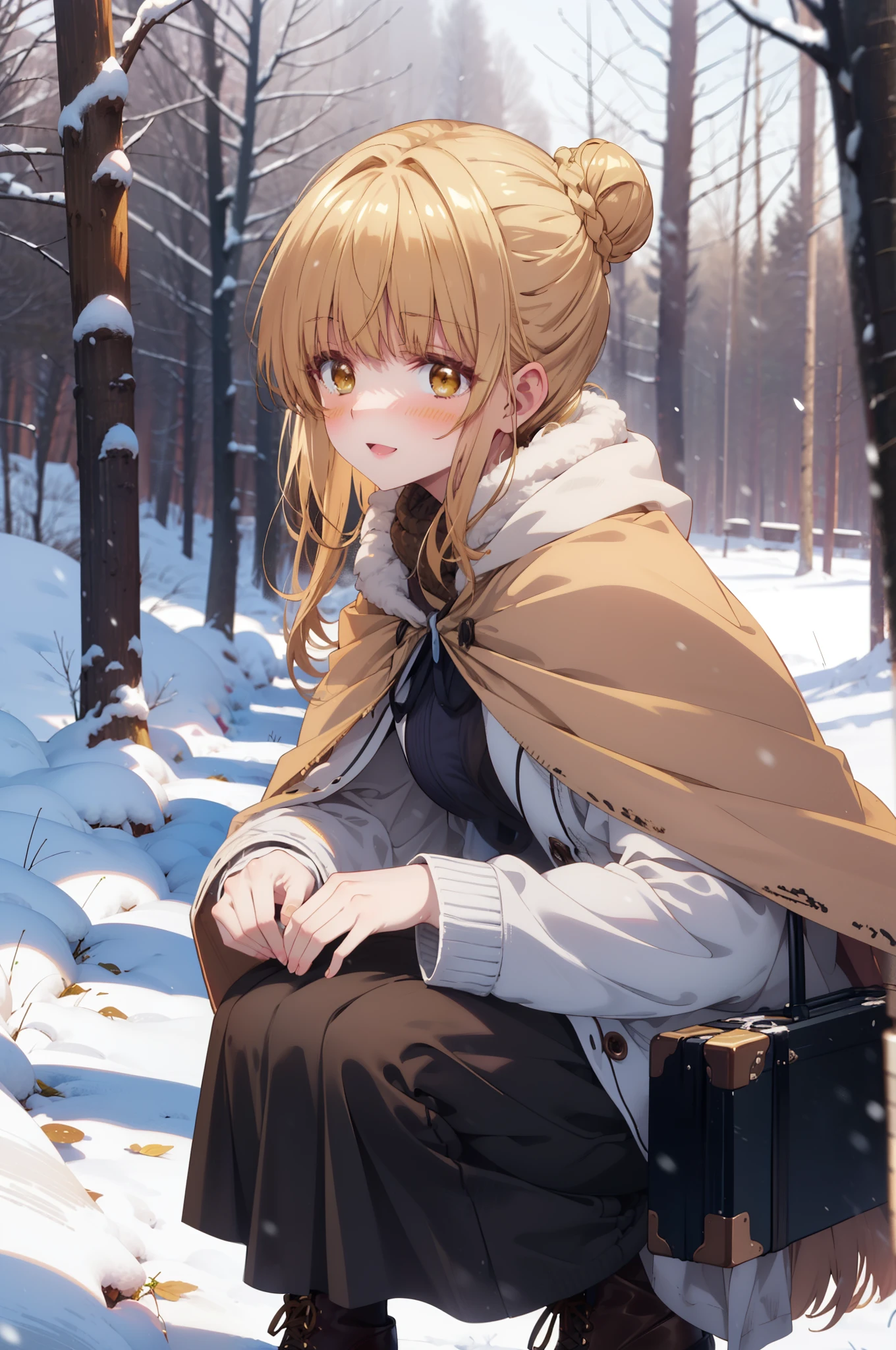 This is Mahirshina, Mahiru shiina, blonde, (Brown eyes:1.7), Long Hair, happy smile, smile, Open your mouth,Hair Bun, single Hair Bun,blush,White Breath,
Open your mouth,snow,Ground bonfire, Outdoor, boots, snowing, From the side, wood, suitcase, Cape, Blurred, Increase your meals, forest, White handbag, nature,  Squat, Mouth closed, フードed Cape, winter, Written boundary depth, Black shoes, red Cape break looking at viewer, Upper Body, whole body, break Outdoor, forest, nature, break (masterpiece:1.2), highest quality, High resolution, unity 8k wallpaper, (shape:0.8), (Beautiful and beautiful eyes:1.6), Highly detailed face, Perfect lighting, Highly detailed CG, (Perfect hands, Perfect Anatomy),