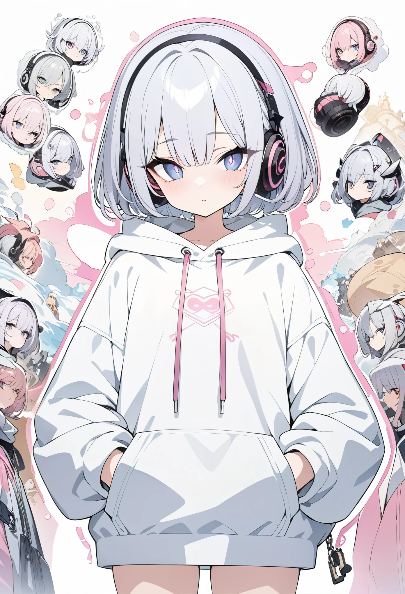 (masterpiece, highest quality:1.6), one person, Thick outline, (Simple Background, Plain white background), Official Art, Key Visual, 8k, Character Portrait,whole body, (Pinkish silver pixie cut, Plain oversized hoodie, Wearing a hood, Short torso:1.2,Headphones), High resolution, Sharp focus, High resolution, Most detailed, Very detailed, Very detailed, finely, Detailed eyes and face, Sharp pupils, Contrast between pink and white, one personで, Put your hands in your pockets