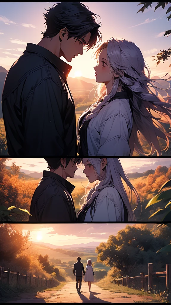 yinji,(masterpiece, highest quality), Couple(1 male, 1 woman with purple and white gradient double braids),、 detailed, comics, boy,heart、like、 Meeting between a man and a woman, Couple(1 male, 1 woman with purple and white gradient double braids),Meet on a Country Road,Face to face,四只眼睛Face to face,sunlight,Green fields and hills can be seen in the distant background.,Warmth,romantic,happiness,Manga Page, Doujinshi, Download contents, anime, Branch Panel, (From right to left, Top to bottom),The girl's characteristic is yinji,1girl,solo, purple eyes, long hair, twin braids, purple hair, multicolored hair, elbow gloves, bangs, very long hair,bare shoulders, black skirt, grey hair, dress, smile, side cutout,covered navel, side cutout,