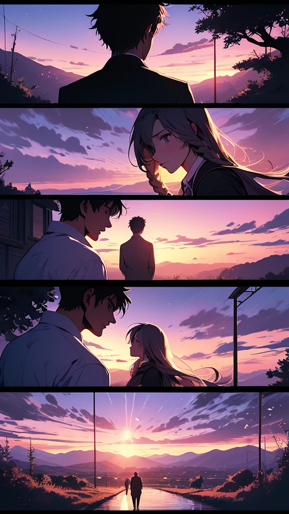 yinji,(masterpiece, highest quality), Couple(1 male, 1 woman with purple and white gradient double braids),、 detailed, comics, boy,heart、like、 Meeting between a man and a woman, Couple(1 male, 1 woman with purple and white gradient double braids),Meet on a Country Road,Face to face,四只眼睛Face to face,sunlight,Green fields and hills can be seen in the distant background.,Warmth,romantic,happiness,Manga Page, Doujinshi, Download contents, anime, Branch Panel, (From right to left, Top to bottom),The girl's characteristic is yinji,1girl,solo, purple eyes, long hair, twin braids, purple hair, multicolored hair, elbow gloves, bangs, very long hair,bare shoulders, black skirt, grey hair, dress, smile, side cutout,covered navel, side cutout,