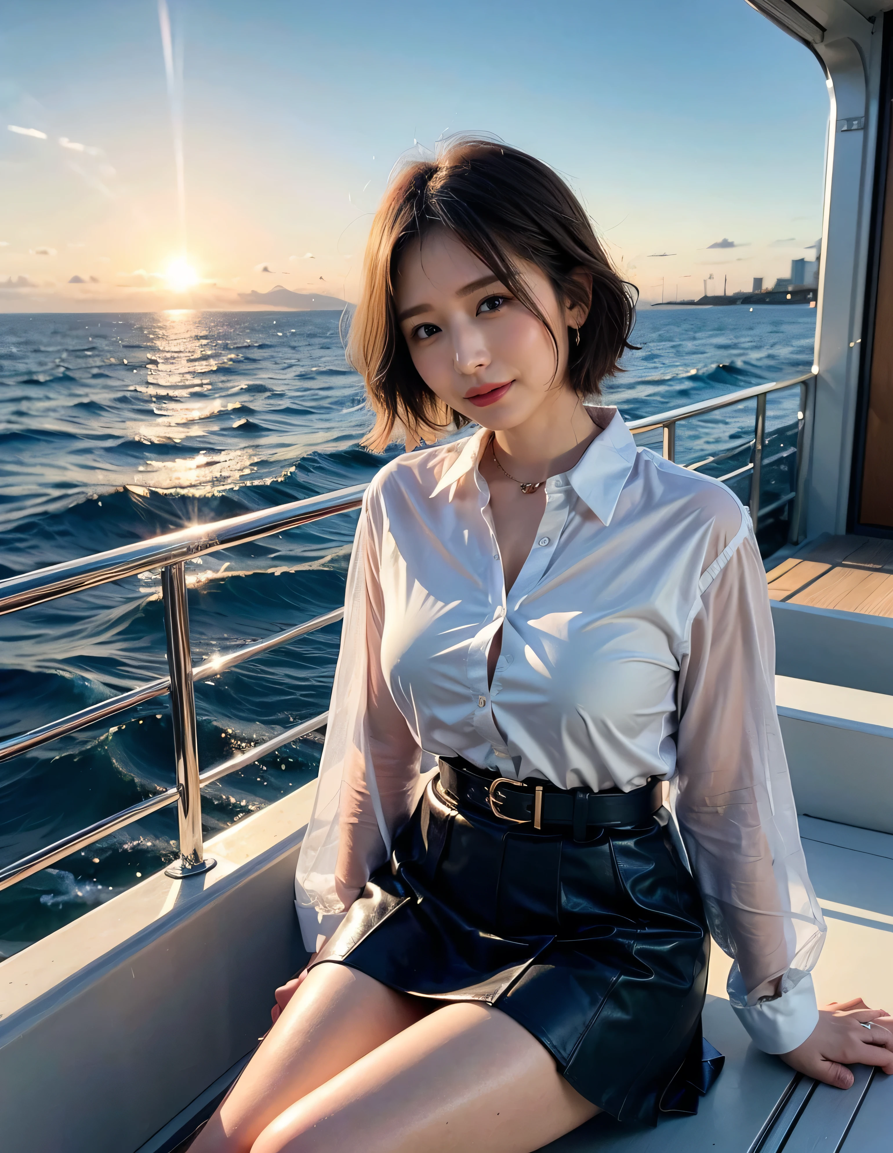 Woman standing on a boat、Light brown hair、Elegant hairstyle、Blue Eyed Woman、A woman with a cute upward gaze、When the sky gets dark、The gentle lights of the ship shine、The sky turns red as the sun sets、Tight clothing that shows your body lines、、A classy white blouse or white collared shirt、The first button of her blouse is lewdly open、Genuine Leather Belt、革のShort skirt、Dress elegantly着こなす、Luxury Bags、、（（Medium Short Hair:1.4））、Skyscrapers seen across the sea、Manhattan 私sland is visible offshore、Woman on a sightseeing boat、、The sun shines on her、Light brown hair、Light brown hair、The sky was dyed red、There are clouds、私t's cute、An elegantly dressed woman is sitting on a boat and watching the sunset、Her ample breasts are obvious even through her clothes..、The shining sun is so beautiful、Dusk is approaching、Lens flare、私 can see the sun setting、（（Sunlight reflecting off the ocean、Ocean View、The sun shines on the ocean、&#39;beautiful.、Small earrings、私t&#39;evening、Birds are also flying、、Brown Hair Color、Tying up hair、The woman is on the right:1.4））、Luxury Leather Belts、Shiny clothes、Light beige hair color、Background Blur、Braid only the front hair、Light brown hair、｛｛Cowgirl Shot｝｝、（（Close-up shot from the waist up、Ample breasts:1.4））、Smile、Silk clothing、Ample breasts that can be seen even through clothes、Braid only the front hair、Cowboy Shot、Gorgeous white collared silk shirt and brown skirt、Dress elegantly、Luxury Bags、A lovely smile、（（Ample breasts））、Full body photo、ring、Short skirt、Tuck your hair behind one ear、Silver Necklace、smile、 Elegant ponytail、Caustics、Highly detailed photos、Very beautiful and ideal short hair、Super no makeup、(8k、RAW Photos、highest quality、masterpiece:1.2)、(Realistic、Realistic)、1 girl、((Medium Short Hair、Looking into the camera:1.4))、Hair blowing in the wind
