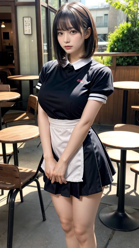 masterpiece, best quality, illustration, Super detailed, fine details, High resolution, 8K,wall paper, perfect dynamic composition,(Details High quality, realistic depiction of eyes:1.3), standing,waitress uniform, restaurant, large breasts, short bob hair、black hair color, Big Natural Color Lip, (perfect body shape), crying a little、cold gaze, Harajuku style、20 year old girl、cute type、lolita、beautiful legs, focus on crotch, full body photo, gravure idol