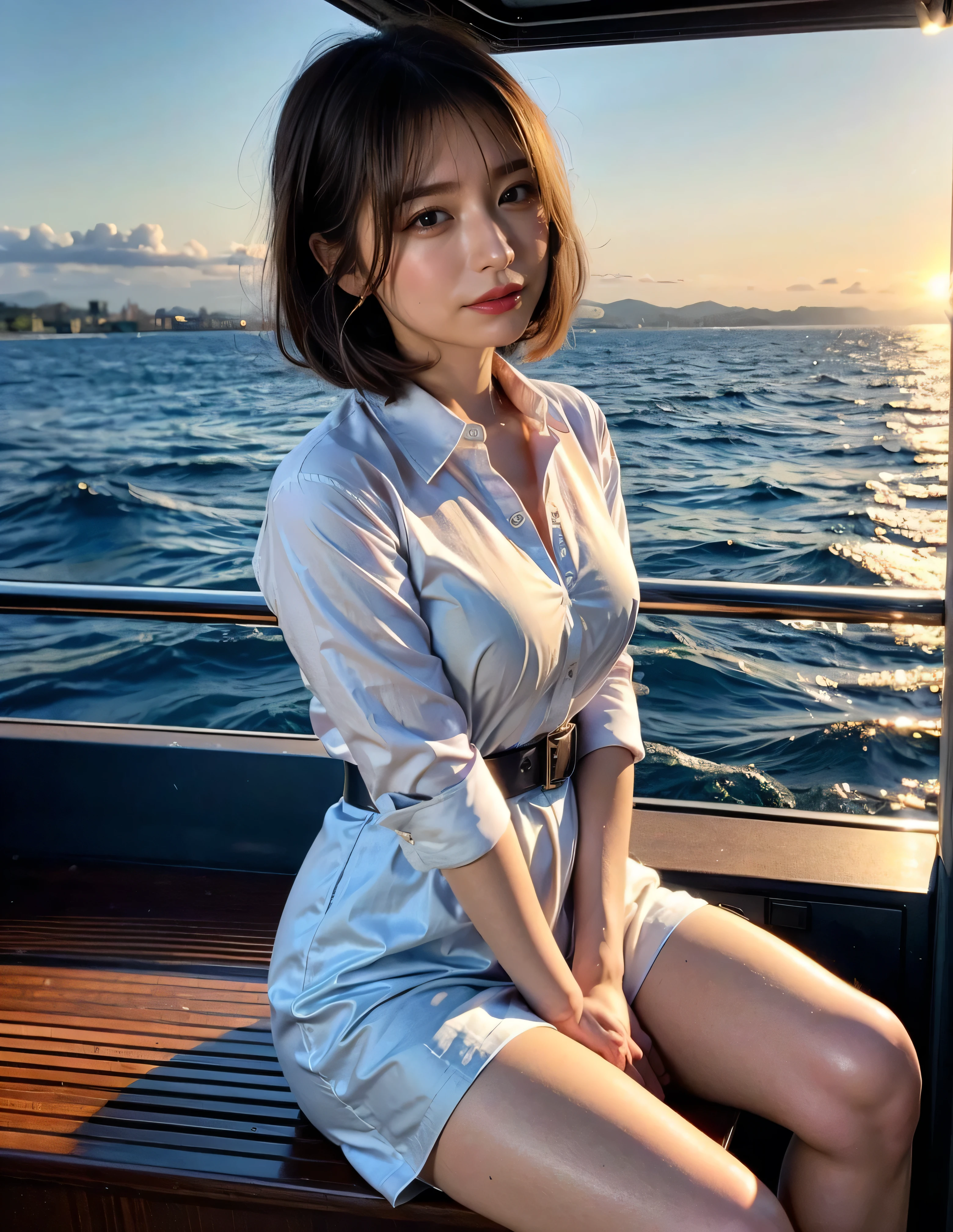 Woman standing on a boat、Light brown hair、Elegant hairstyle、Blue Eyed Woman、A woman with a cute upward gaze、When the sky gets dark、The gentle lights of the ship shine、The sky turns red as the sun sets、Tight clothing that shows your body lines、、A classy white blouse or white collared shirt、The first button of her blouse is lewdly open、Genuine Leather Belt、革のShort skirt、Dress elegantly着こなす、Luxury Bags、、((Medium Short Hair:1.4))、Skyscrapers seen across the sea、Manhattan 私sland is visible offshore、Woman on a sightseeing boat、、The sun shines on her、Light brown hair、Light brown hair、The sky was dyed red、There are clouds、私t's cute、An elegantly dressed woman is sitting on a boat and watching the sunset、Her ample breasts are obvious even through her clothes..、The shining sun is so beautiful、Dusk is approaching、Lens flare、私 can see the sun setting、((Sunlight reflecting off the ocean、Ocean View、The sun shines on the ocean、'beautiful.、Small earrings、私t'evening、Birds are also flying、、Brown Hair Color、Tying up hair、The woman is on the right:1.4))、Luxury Leather Belts、Shiny clothes、Light beige hair color、Background Blur、Braid only the front hair、Light brown hair、{{Cowgirl Shot}}、((Close-up shot from the waist up、Ample breasts:1.4))、Smile、Silk clothing、Ample breasts that can be seen even through clothes、Braid only the front hair、Cowboy Shot、Gorgeous white collared silk shirt and brown skirt、Dress elegantly、Luxury Bags、A lovely smile、((Ample breasts))、Full body photo、ring、Short skirt、Tuck your hair behind one ear、Silver Necklace、smile、 Elegant ponytail、Caustics、Highly detailed photos、Very beautiful and ideal short hair、Super no makeup、(8k、RAW Photos、highest quality、masterpiece:1.2)、(Realistic、Realistic)、1 girl、((Medium Short Hair、Looking into the camera:1.4))、Hair blowing in the wind