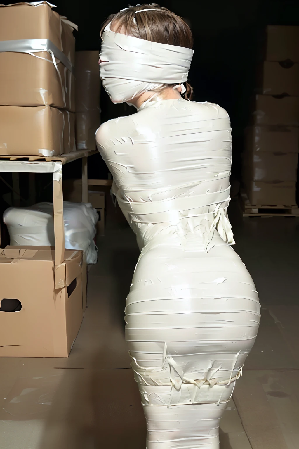 gagged, blindfold, tape gagged, ((1 girl)) ((Imprisoned in a warehouse)), ((Wrap the heads around with white duct tape:1.4)), ((Wrap the faces around with white duct tape:1.4)), (((blindfold around with white duct tape:1.5))), ((From head to toe, wrap them in white duct tape to make a mummification:1.5)),16 year old Japanese, (Highly detailed CG Unity 8k), (highest quality), (Very detailed), (Ultra-high resolution), ((Hands tied behind back:1.3)), from front,