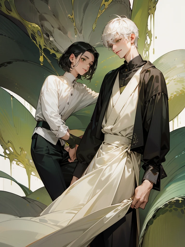 (((photographic, photo, photogenic))), extremely high quality high detail RAW color photo, Lovecraftian cybernetic horror, watercolor, otherworldly textures , high quality, detailed,
young man , 4K UHD, super detail, best quality, detailed eyes, masterpiece, 2 young men who smiles at each other with a love atmosphere ,one of them is 21years old and has a white straight short hair and green beautifull eyes this men smiles a sweet smile with quiet expression and beautiful smile and he wears a cute outfit,the second men is taller than the previous one and he is 27year and this men has acblack semi long haircut and yellow eyes and has a quiet expression face and he has a sharp eyes and wears a black clothes,high resolutions