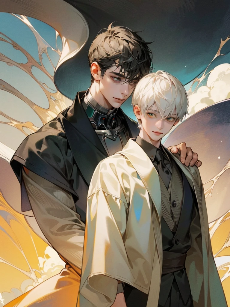 (((photographic, photo, photogenic))), extremely high quality high detail RAW color photo, Lovecraftian cybernetic horror, watercolor, otherworldly textures , high quality, detailed,
young man , 4K UHD, super detail, best quality, detailed eyes, masterpiece, 2 young men who smiles at each other with a love atmosphere ,one of them is 21years old and has a white straight short hair and green beautifull eyes this men smiles a sweet smile with quiet expression and beautiful smile and he wears a cute outfit,the second men is taller than the previous one and he is 27year and this men has acblack semi long haircut and yellow eyes and has a quiet expression face and he has a sharp eyes and wears a black clothes,high resolutions