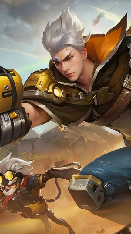 a close up of a person with a gun and a cat, official splash art, iconic character splash art, overwatch splash art, inspired by Huang Shen, by Yang J, junkrat from overwatch, ross tran and bayard wu, splash art, official overwatch game art, jin shan and ross tran, jazza and rossdraws, rossdraws and jazza