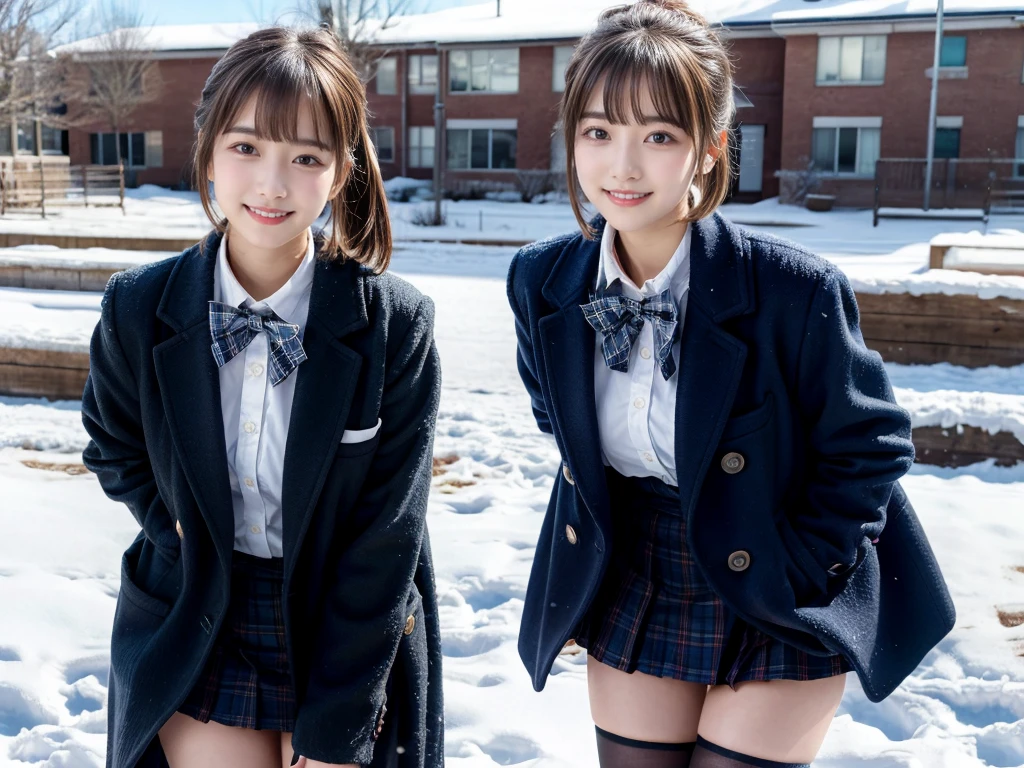 (RAW photo, 4k, masterpiece, high resolution, extremely complex) (realistic: 1.4),2 girls standing in snowy school yard,navy blue overcoat,plaid bow tie,18-year-old,bangs,a little smile,thighs,large breasts, knees,short cut hair,low ponytail,from below,front-lighting