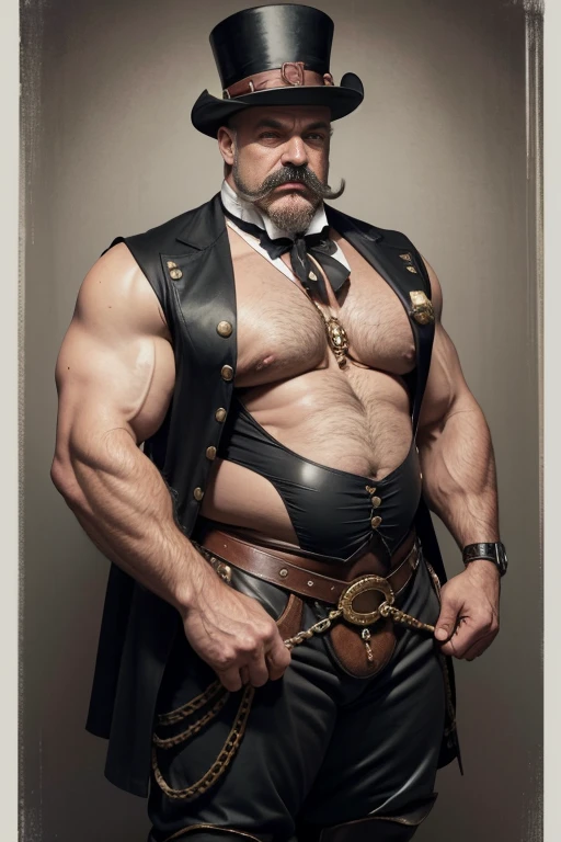 Hyperrealistic image of an old 19th century blonde German Steampunk circus ringmaster with bare torso gray hair with huge handlebar mustaches A super heavy bodybuilder flexing his muscles A full body obese bodybuilder with a very sweaty body An elderly extremely muscular man and extremely fat over 70 years old weighing over 600 pounds a very hairy muscular man with very large sagging legs Large pectorals dark nipples and gynecomastia on the circus ring wearing white riding pants black high boots bowler hat on his head and a whip in one hand
