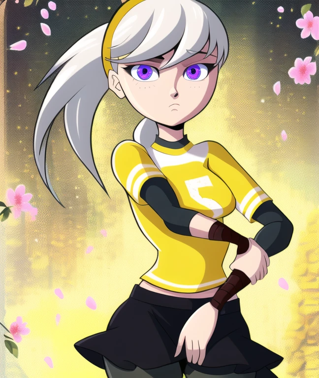 1girl, edelgardacademy, white hair, purple eyes, black pantyhose, ponytail, shiny pantyhose, bloom, yellow tshirt, black sleeves