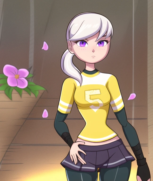 1girl, edelgardacademy, white hair, purple eyes, black pantyhose, ponytail, shiny pantyhose, bloom, yellow tshirt, black sleeves