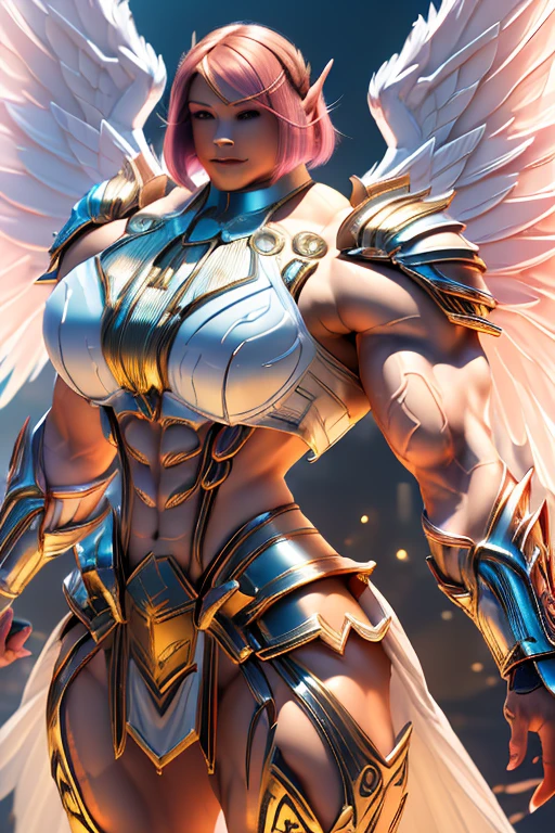 ((((Massive tall, beautiful, buff, light brown skinned muscular angel woman with shocking pink hair, huge angel wings, ginormous bulky muscles, flying and wearing a beautiful white angel futuristic armor with pleated skirt)))), (close view), massive muscles, massive biceps, hyper muscle shoulders, massive muscle arms, vascular shoulders, hyper muscle triceps, huge angel wings, (angled bob cut), pleated skirt, red eyes, choker, angel gauntlets, on top of a magical skyscraper in a mystical world, smile, hyper vascular arm, hyper muscles arms, hyper muscle legs, (massive arms).