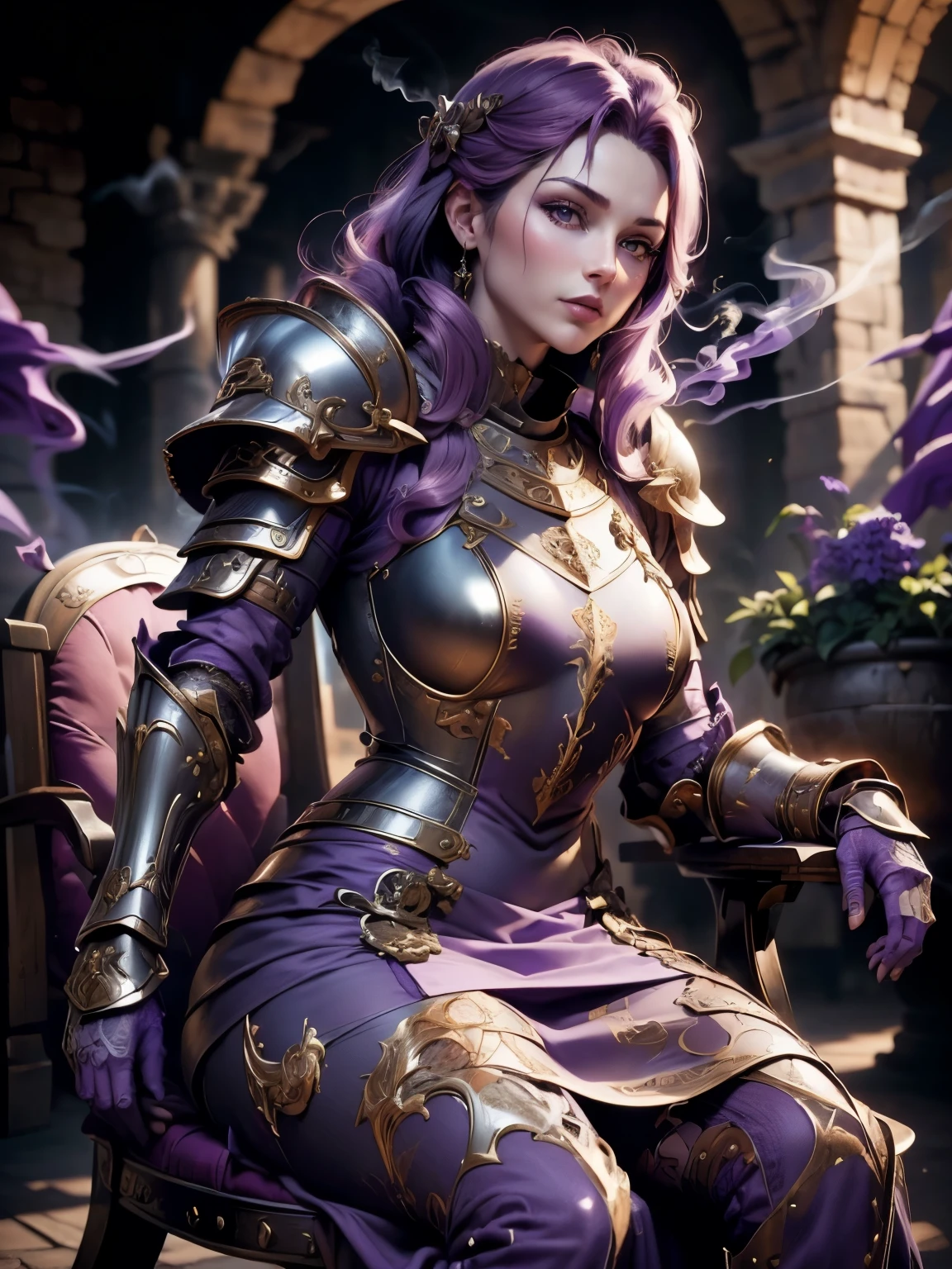 (Masterpiece, Superb Detail, Super Detailed, High Resolution), Male Focus, (((Female Armor))), (((Armor Purple Dress Set))), (She Has Long Purple Hair, Medium Breasts, Slim, perfect body, beautiful face), look at viewer, (((purple panty))), (((smoke))), ((Sit on Skull Chair)), City Ruins, Background Details, Solo