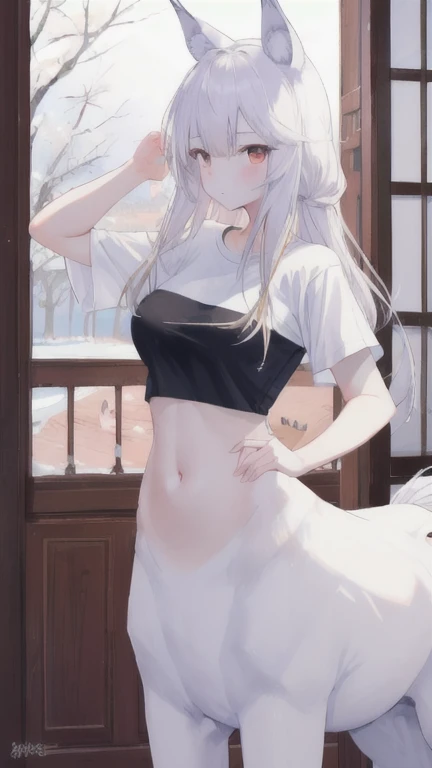(best quality, masterpiece), 1 girl, centaur, It takes, White skin, Racehorse, belly button t-shirt, 아름다운 소녀 perfect wolf photo, perfect wolf photo