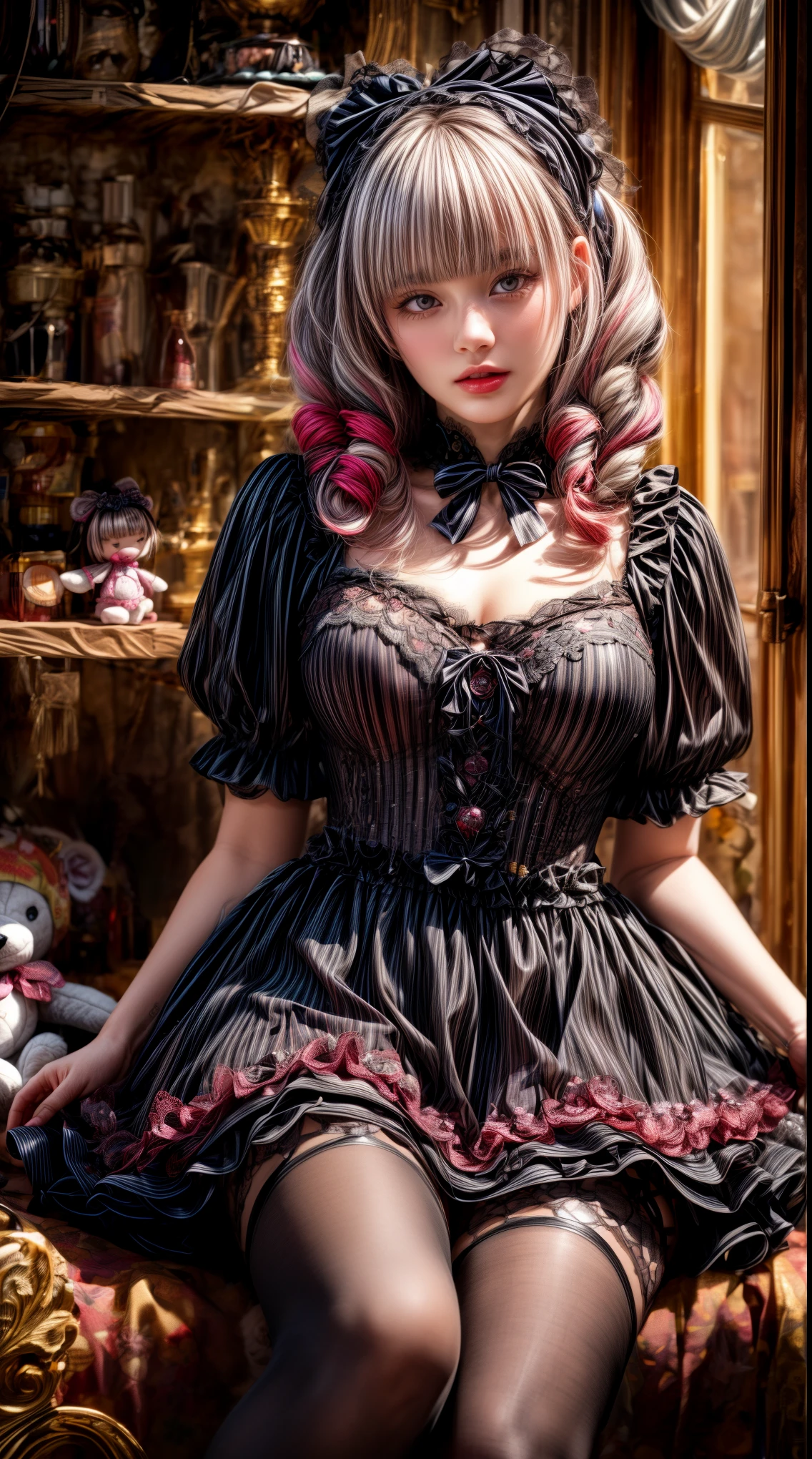 Mature Woman、Pink Hair、Light gray hair、((Two-tone hair))、Black Lolita dress with delicate pink embellishments、Slender women、Cute Woman、 8K Ultra HD,Detailed face、Delicate texture, Long Hair、(((Blunt bangs)))、(((Drill Hair)))、Tutu skirt、Thigh-length lace tights、short boots、((Sweet Lolita))、mini skirt、A room in a Western-style building、((Delicate photo)),(Girl Astepeace RAW Photo Details:1.25), (highest quality:1.6), (超A high resolution:1.5), (Realistic:1.75), 8K resolution, Canon EOS R5, 50mm, Absurd, Super detailed,Cinema Lighting、((stuffed toy:1.25))、nsfw:1.45