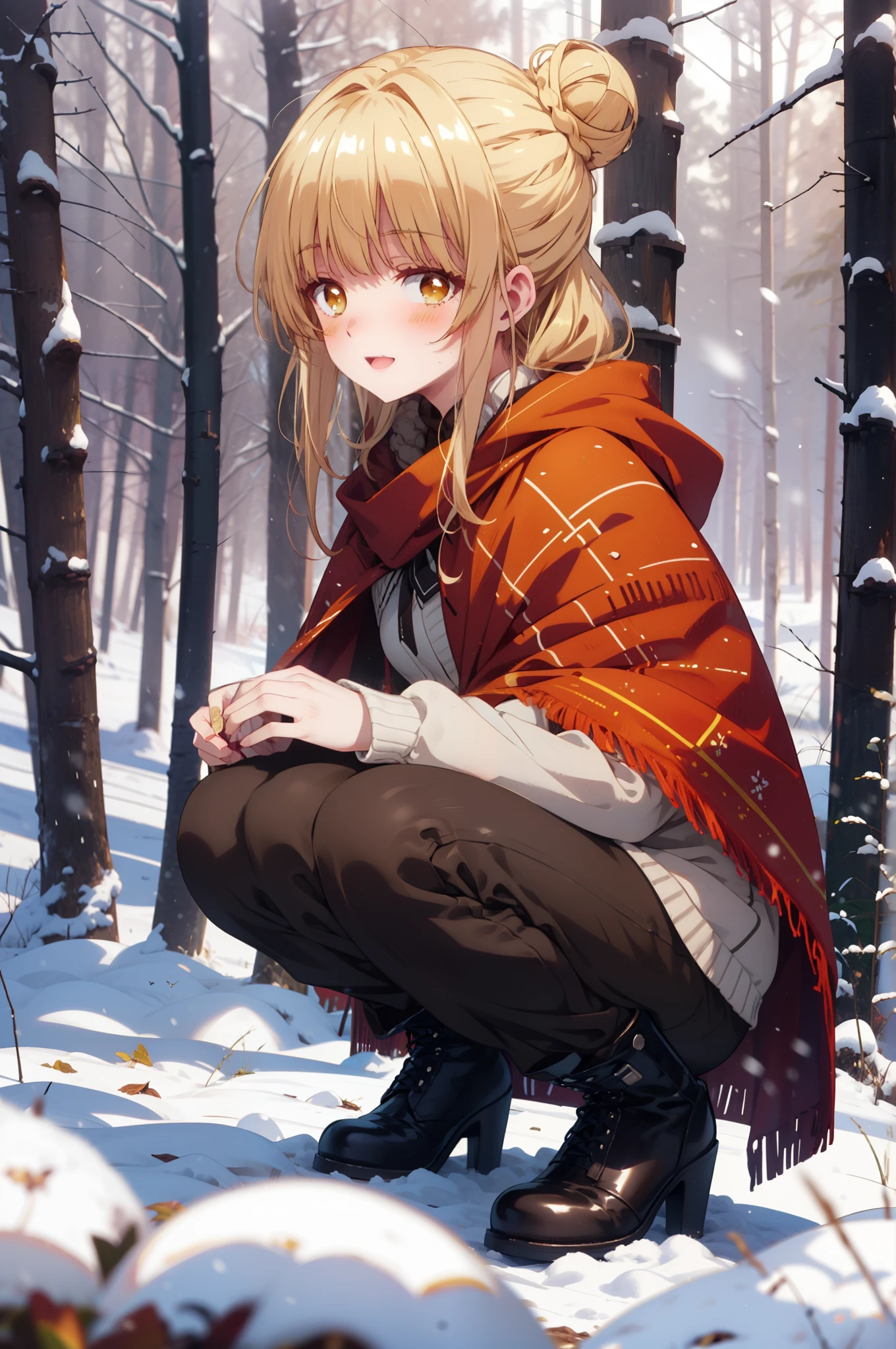 This is Mahirshina, Mahiru shiina, blonde, (Brown eyes:1.7), Long Hair, happy smile, smile, Open your mouth,Hair Bun, single Hair Bun,blush,White Breath,
Open your mouth,snow,Ground bonfire, Outdoor, boots, snowing, From the side, wood, suitcase, Cape, Blurred,  forest, White handbag, nature,  Squat, Mouth closed, フードed Cape, winter, Written boundary depth, Black shoes, red Cape break looking at viewer, Upper Body, whole body, break Outdoor, forest, nature, break (masterpiece:1.2), highest quality, High resolution, unity 8k wallpaper, (shape:0.8), (Beautiful and beautiful eyes:1.6), Highly detailed face, Perfect lighting, Highly detailed CG, (Perfect hands, Perfect Anatomy),