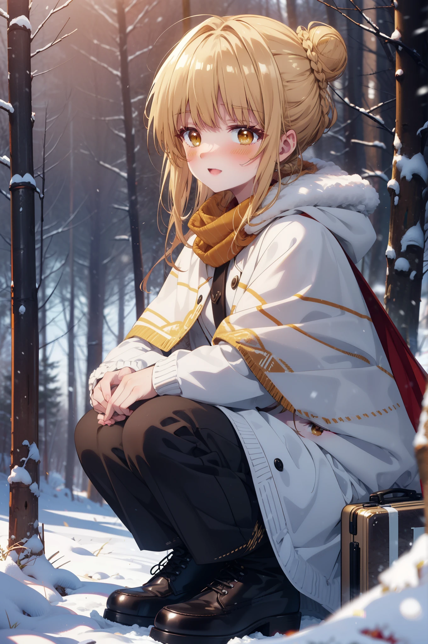 This is Mahirshina, Mahiru shiina, blonde, (Brown eyes:1.7), Long Hair, happy smile, smile, Open your mouth,Hair Bun, single Hair Bun,blush,White Breath,
Open your mouth,snow,Ground bonfire, Outdoor, boots, snowing, From the side, wood, suitcase, Cape, Blurred,  forest, White handbag, nature,  Squat, Mouth closed, フードed Cape, winter, Written boundary depth, Black shoes, red Cape break looking at viewer, Upper Body, whole body, break Outdoor, forest, nature, break (masterpiece:1.2), highest quality, High resolution, unity 8k wallpaper, (shape:0.8), (Beautiful and beautiful eyes:1.6), Highly detailed face, Perfect lighting, Highly detailed CG, (Perfect hands, Perfect Anatomy),