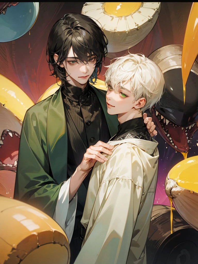 (((photographic, photo, photogenic))), extremely high quality high detail RAW color photo, Lovecraftian cybernetic horror, watercolor, otherworldly textures , high quality, detailed,
young man , 4K UHD, super detail, best quality, detailed eyes, masterpiece, 2 young men who smiles at each other with a love atmosphere ,one of them is 21years old and has a white straight short hair and green beautifull eyes this men smiles a sweet smile with quiet expression and beautiful smile and he wears a cute outfit,the second men is taller than the previous one and he is 27year and this men has acblack semi long haircut and yellow eyes and has a quiet expression face and he has a sharp eyes and wears a black clothes,high resolutions