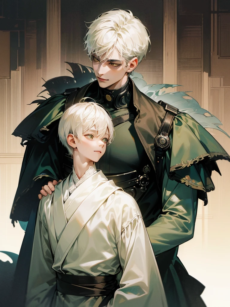 (((photographic, photo, photogenic))), extremely high quality high detail RAW color photo, Lovecraftian cybernetic horror, watercolor, otherworldly textures , high quality, detailed,
young man , 4K UHD, super detail, best quality, detailed eyes, masterpiece, 2 young men who smiles at each other with a love atmosphere ,one of them is 21years old and has a white straight short hair and green beautifull eyes this men smiles a sweet smile with quiet expression and beautiful smile and he wears a cute outfit,the second men is taller than the previous one and he is 27year and this men has acblack semi long haircut and yellow eyes and has a quiet expression face and he has a sharp eyes and wears a black clothes,high resolutions