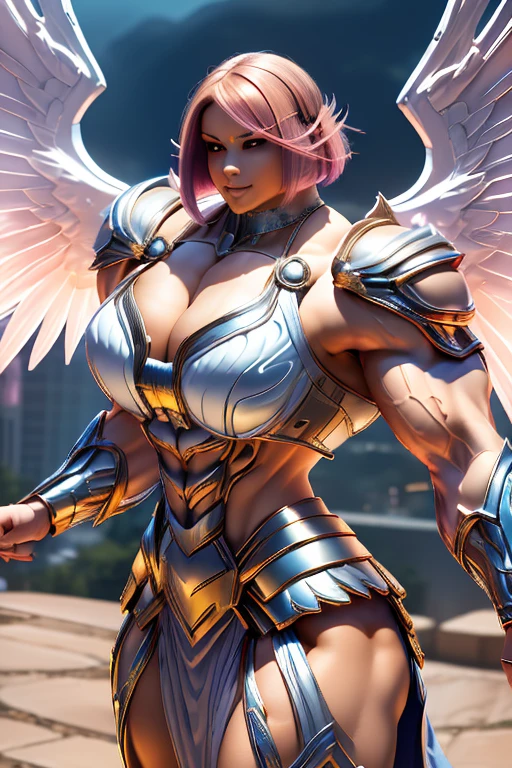 ((((Massive tall, beautiful, buff, light brown skinned muscular angel woman with shocking pink hair, huge angel wings, ginormous bulky muscles, flying gracefully and wearing a beautiful white angel futuristic armor with pleated skirt)))), (close view), massive muscles, massive biceps, hyper muscle shoulders, massive muscle arms, vascular shoulders, hyper muscle triceps, huge angel wings, (angled bob cut), pleated skirt, red eyes, choker, angel gauntlets, on top of a magical skyscraper in a mystical world, smile, hyper vascular arm, hyper muscles arms, hyper muscle legs, (massive arms).