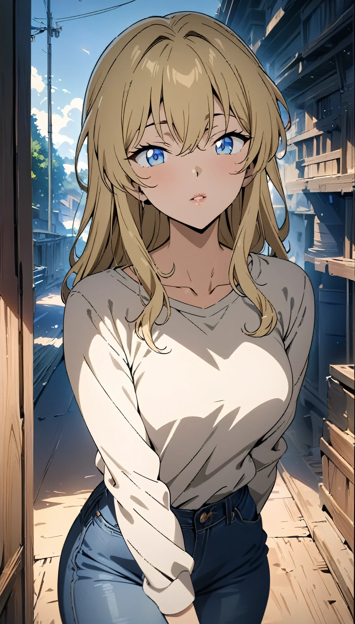(best quality, High resolution, masterpiece:1.2), Blonde Hair, Beautiful woman, delicate eyes, Detailed lips, jeans, Single picture, Anime style