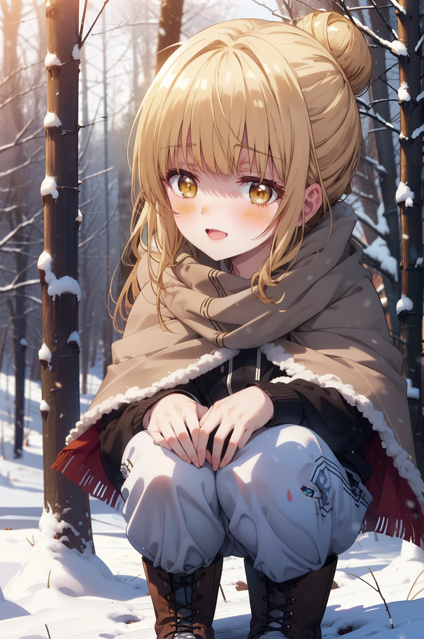 This is Mahirshina, Mahiru shiina, blonde, (Brown eyes:1.7), Long Hair, happy smile, smile, Open your mouth,Hair Bun, single Hair Bun,blush,White Breath,
Open your mouth,snow,Ground bonfire, Outdoor, boots, snowing, From the side, wood, suitcase, Cape, Blurred,  forest, White handbag, nature,  Squat, Mouth closed, フードed Cape, winter, Written boundary depth, Black shoes, red Cape break looking at viewer, Upper Body, whole body, break Outdoor, forest, nature, break (masterpiece:1.2), highest quality, High resolution, unity 8k wallpaper, (shape:0.8), (Beautiful and beautiful eyes:1.6), Highly detailed face, Perfect lighting, Highly detailed CG, (Perfect hands, Perfect Anatomy),