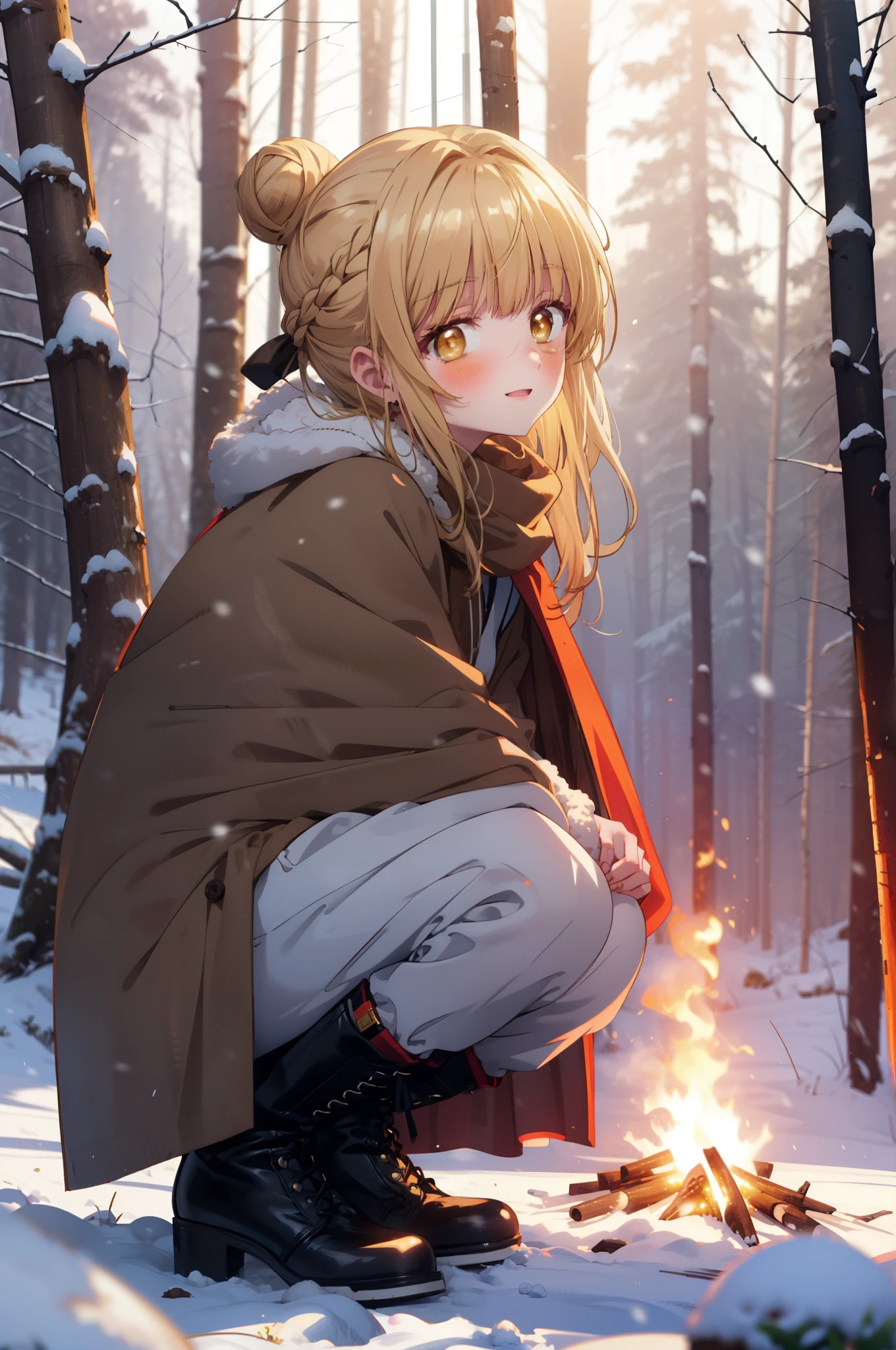 This is Mahirshina, Mahiru shiina, blonde, (Brown eyes:1.7), Long Hair, happy smile, smile, Open your mouth,Hair Bun, single Hair Bun,blush,White Breath,
Open your mouth,snow,Ground bonfire, Outdoor, boots, snowing, From the side, wood, suitcase, Cape, Blurred, forest, White handbag, nature, Squat, Mouth closed, フードed Cape, winter, Written boundary depth, Black shoes, red Cape break looking at viewer, Upper Body, whole body, break Outdoor, forest, nature, break (masterpiece:1.2), highest quality, High resolution, unity 8k wallpaper, (shape:0.8), (Beautiful and beautiful eyes:1.6), Highly detailed face, Perfect lighting, Highly detailed CG, (Perfect hands, Perfect Anatomy),