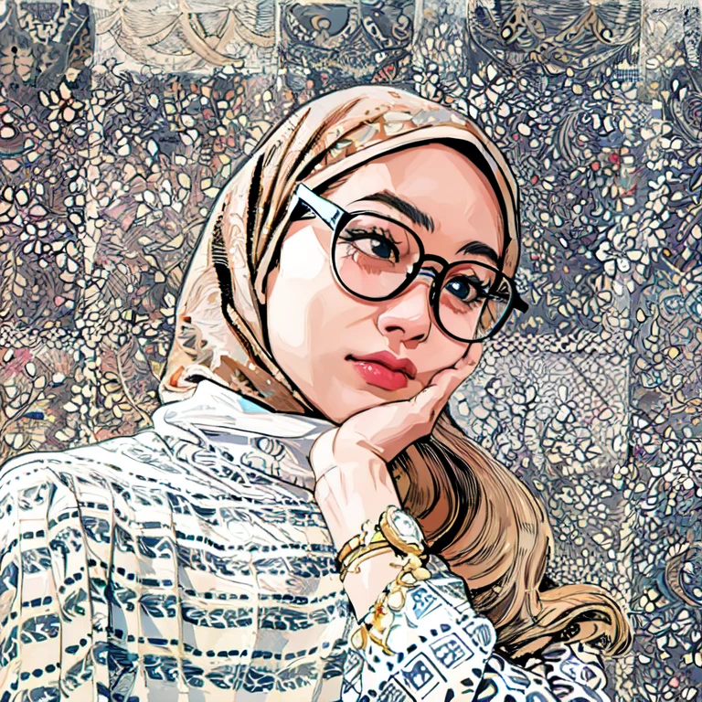 illustration This image depicts a woman wearing a headscarf and glasses, with her hand on her chin. He was standing in front of a wall with a patterned background. This woman wore a white shirt and black hijab, and her hair was arranged in a bun. His facial expression showed deep contemplation, with his eyes looking thoughtful. It can also be seen that he has smooth lips and a proportional nose. Her skin looks clean and radiant. The glasses he wears add a professional and serious impression to his appearance. Although this image provides no information about this woman's age, occupation, or personal life, her expression of thought and calm demeanor reflect her intelligence and depth. Judging from his neat attire and appearance, he seems to have a professional impression and is interested in knowledge. Patterned backgrounds add a visual dimension to the image, giving an artistic touch and adding beauty to the overall composition., vector art by Naza, shutterstock, realism, hijab, in art style, muslim, in cartoon style, realism art style, cartoon style illustration , simple cartoon style, cartoon style, accurate illustrations, digital cartoon art, trending in the art strata, white hijab, cartoon art style, realistic images