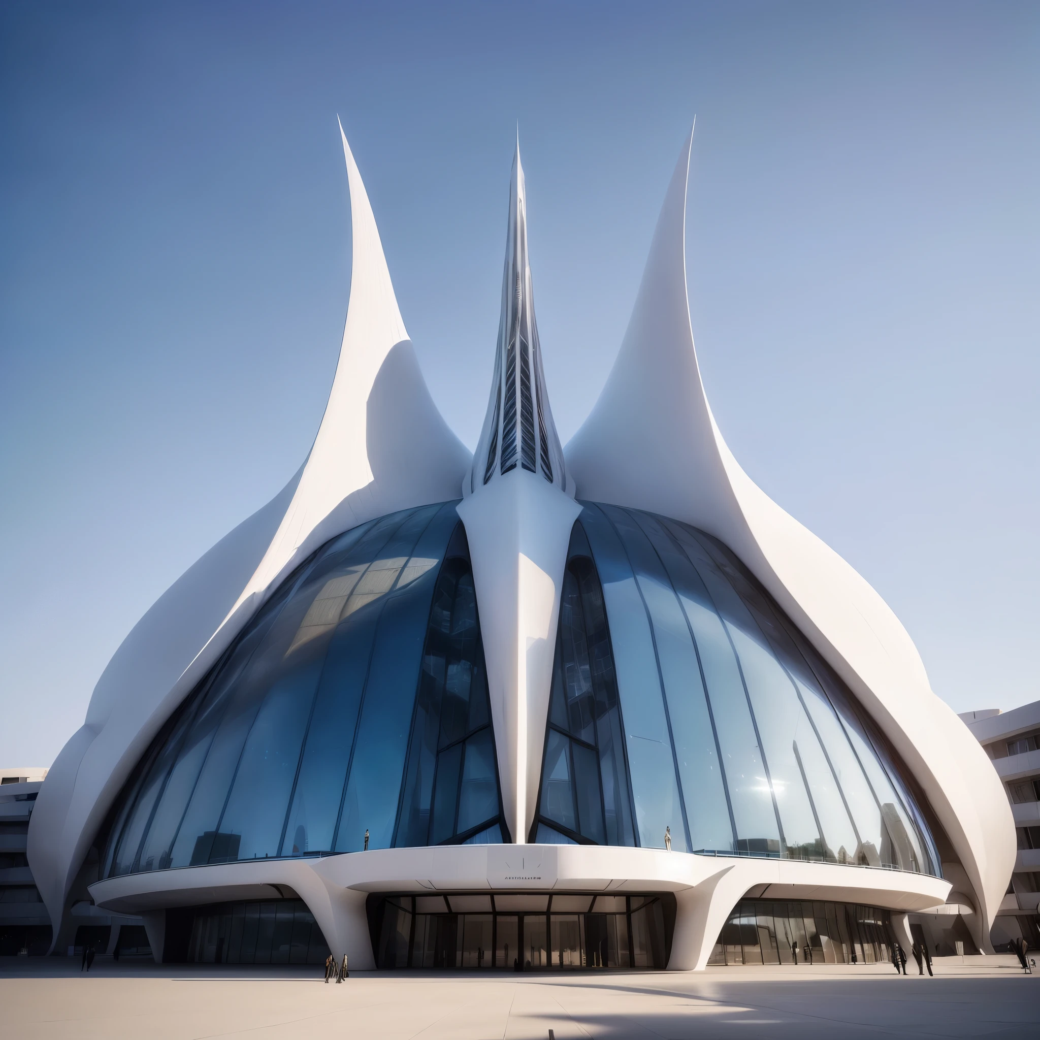 Arav building with large triangular roof and glass windows, Futuristic Church, Zaha Hadid style architecture, Huge futuristic building, Zaha Hadid octane highly render, Futuristic Palace, Zaha Hadid architecture, Future architecture, Web portals. Zaha Hadid, futuristic utopian architecture, Stunning Architecture, cathedral of the sun, architecture Zaha Hadid, inspirational architecture, detailed Future architecture