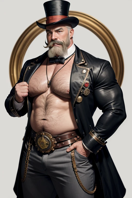 Hyperrealistic image of an old 19th century blonde German Steampunk circus ringmaster with bare torso gray hair with huge handlebar mustaches A super heavy bodybuilder flexing his muscles A full body obese bodybuilder with a very sweaty body An elderly extremely muscular man and extremely fat over 70 years old weighing over 600 pounds a very hairy muscular man with very large sagging legs large pectorals dark nipples and gynecomastia on the ring of a steampunk circus wearing white riding pants black high boots bowler hat on his head and a whip in one hand