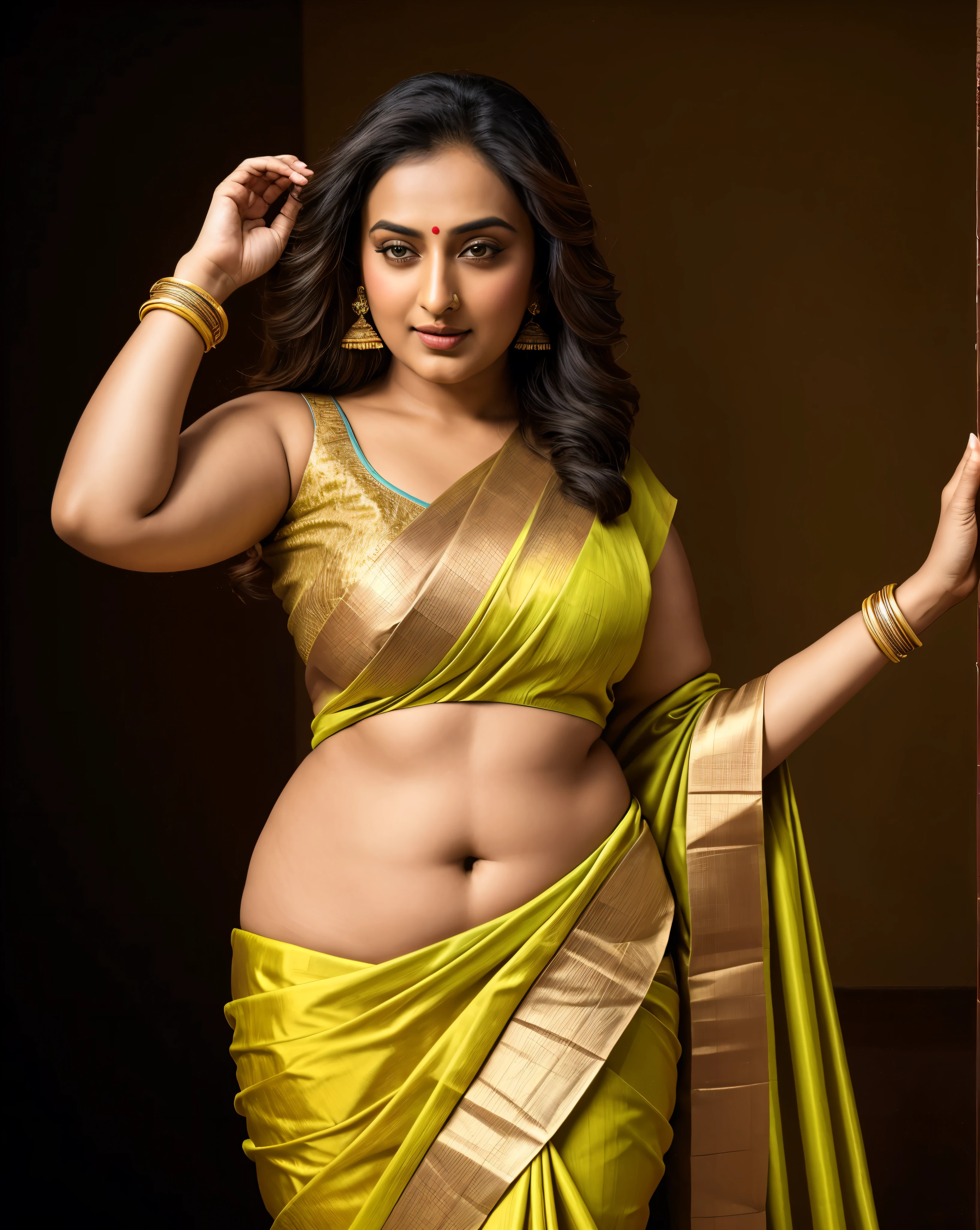Foto RAW, photorealistic, photography, full body shot, master shot, perfect eyes, goddess like beauty, pierced eyes, perfect thick chubby mallu Desi aunty bhabhi, Wearing a Stanapatta, a chest-band.Saree model, model Photography, Indian saree shoot, Indian traditional wear advertising photography, traditional wear brand shoot, face of Indian actress Sonakshi Sinha, masterpiece, realistic, realism, incredible details,  pleasure, photorealism, detailed skin, skin pores, high contrast, photorealistic Artstation 8k HD digital art trend of high definition and detailed realistic skin texture, ultra detail, realistic skin texture, armature, best quality, ultra high definition, (photorealistic:1.4),, high resolution, detail, raw photo, sweat, Re sharp, by Lee Jefferies Nikon D850 Film Stock Photo 4 Kodak Portra 400 Camera F1.6 Lens Rich Color Ultra Real Realistic Realistic Textures Dramatic Lighting Unreal Engine Trending at Art Station Cinestill 800,(pele altamente detalhada: 1.2), 8k UHD, DSLR, soft-lighting, alta qualidade, grain of film, Fujifilm XT3,she didn't like to wear blouse or bra, she is happy to wear only saree, she hates blouse or bra, detailed hairy armpits, hyper realistic skin, skin pores, sweat, veins, 