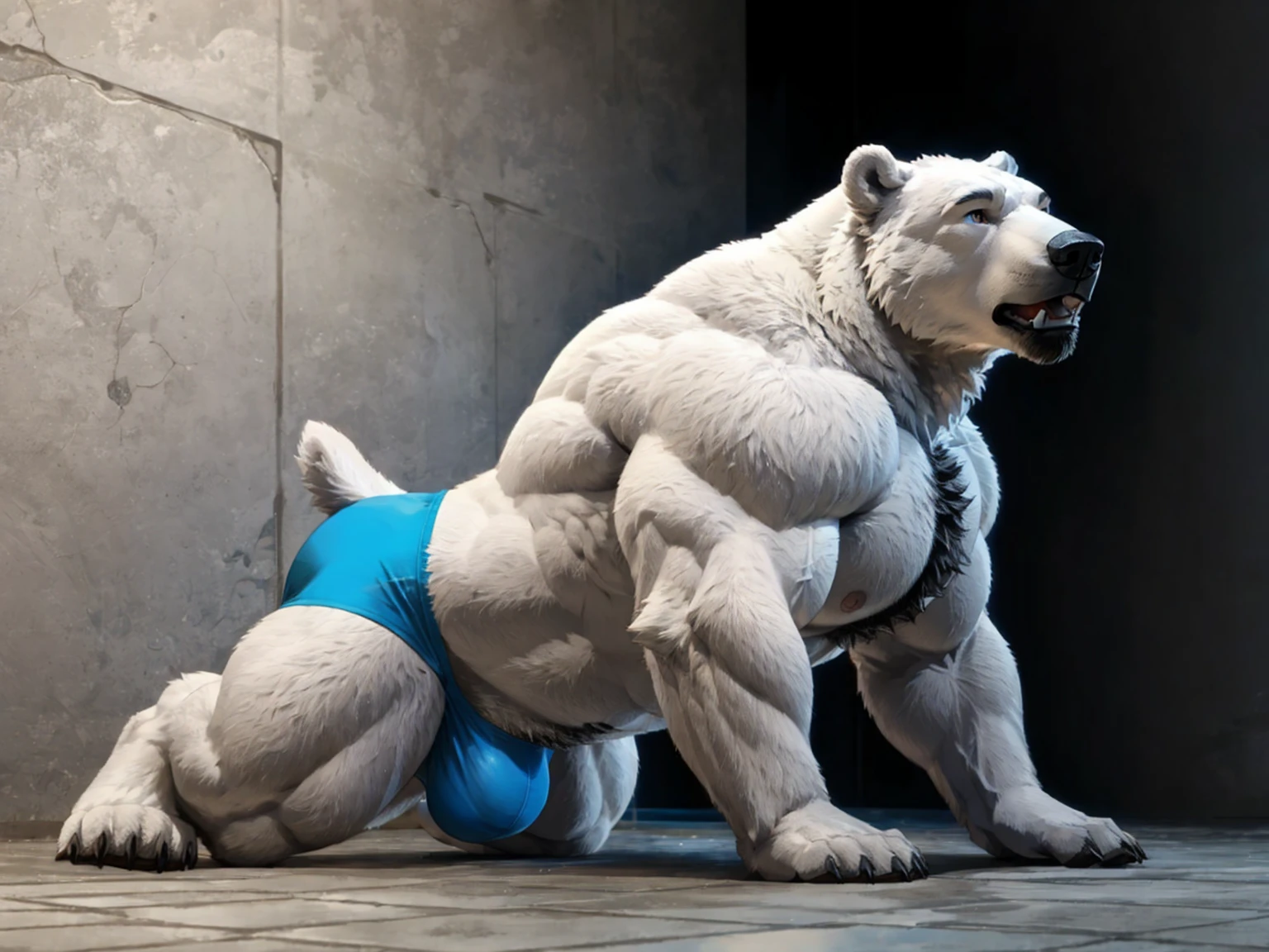 Muscular Polar Bear、Polar bear fur、All fours pose、Knee on the ground pose、Very huge muscles、Profile of face、Side view、Extremely large bulging crotch underwear、Male genitalia outline、Lots of pubic hair、Very long armpit hair、Thick chest hair、Composition looking up from diagonally below、Roaring Polar Bear、Concrete Background、thick torso、very short legs、Hairless head、Upward facing face