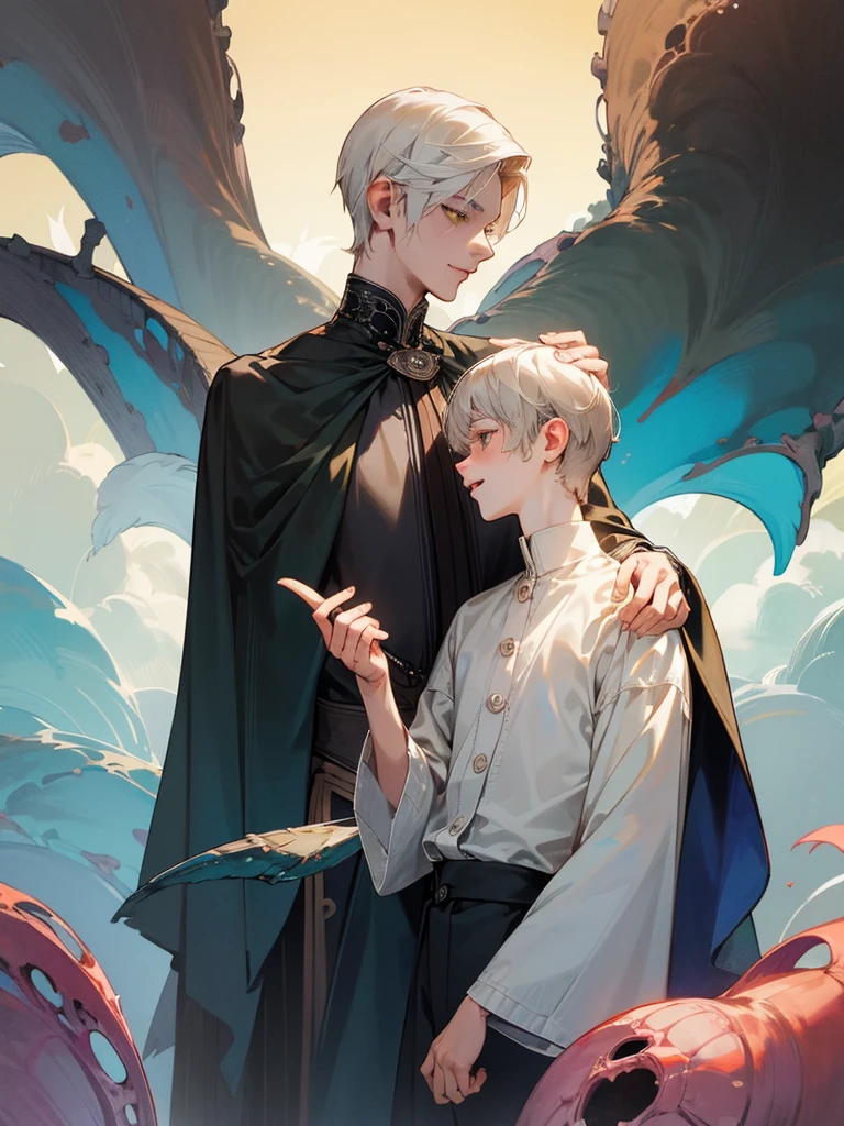 (((photographic, photo, photogenic))), extremely high quality high detail RAW color photo, Lovecraftian cybernetic horror, watercolor, otherworldly textures , high quality, detailed,
young man , 4K UHD, super detail, best quality, detailed eyes, masterpiece, 2 young men who smiles at each other with a love atmosphere ,one of them is 21years old and has a white straight short hair and green beautifull eyes this men smiles a sweet smile with quiet expression and beautiful smile and he wears a cute outfit,the second men is taller than the previous one and he is 27year and this men has acblack semi long haircut and yellow eyes and has a quiet expression face and he has a sharp eyes and wears a black clothes,high resolutions