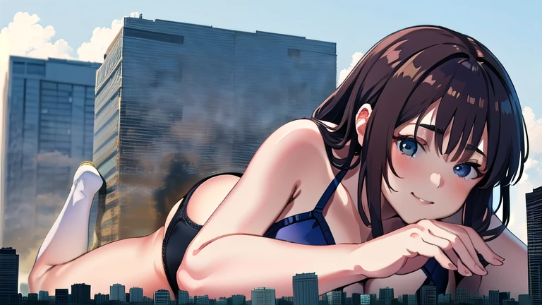 1 female,Kneel,Woman looking down at viewer, ,Cleavage, ((Big Breasts), whole body,, Panorama, anime, Ultra-high resolution,,smile,,Giantess,Realistic、Perfect body line,city,microcity, bikini、cute、Lying down