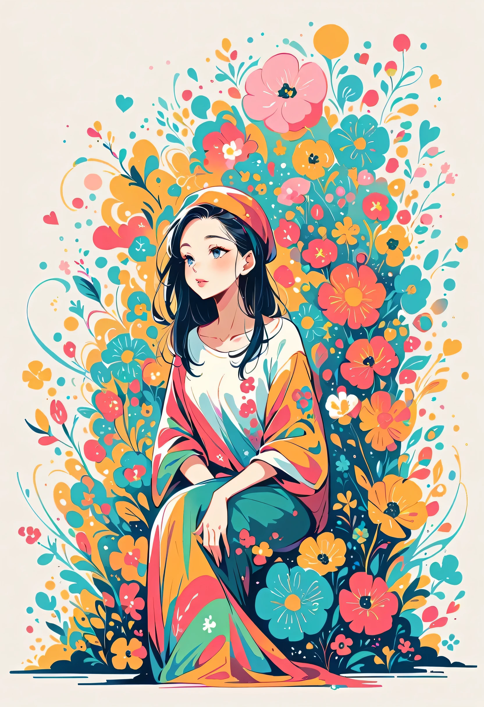 Watase Seizo style, Standing in front of a high wall，Simple Line Initialism，Abstract art，Urban Background, (((The most beautiful girl))), Lips in Love, sitting, colorful flowers