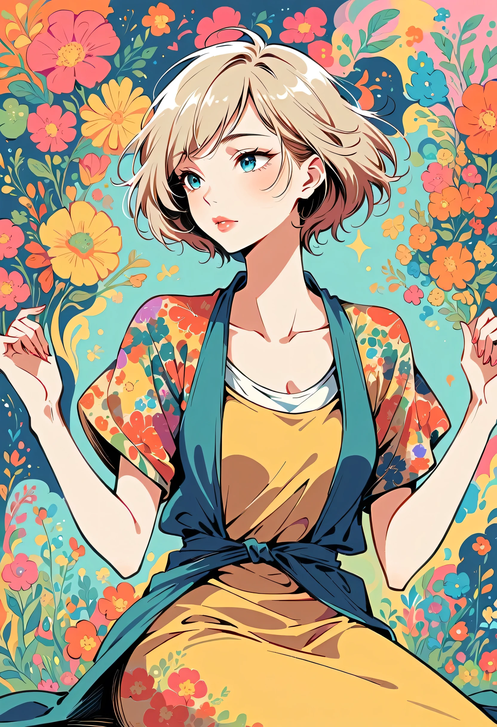 Watase Seizo style, Standing in front of a high wall,Simple Line Initialism,Abstract art,Urban Background, (((The most beautiful girl))), Lips in Love, sitting, colorful flowers