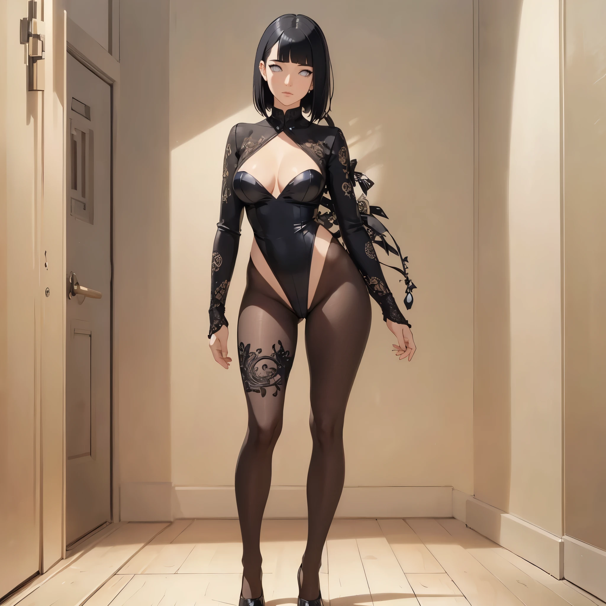 ((1girl, solo, full body, full body front)), ((standing)), (perfect anatomy, perfect hands, perfect legs), beautiful body, natural proportions BREAK
extremely detailed face, (beautiful detailed eyes:1.6), (realistic pupils, realistic iris:1), expressive eyes, looking at viewer, (hyperrealistic:1), (detailed skin texture:1.2), smooth skin, Hinata Hyuga, ((white eyes)), (((black hair))), (((short hair))), ((mature female)) BREAK
((Long sleeves)), ((black outfit)) BREAK
(masterpiece:1.2), best quality, high resolution, (highly detailed shading), (realistic lighting:1.2), anime-style, perfect lighting, bright lighting, vibrant colors, dynamic tones, striking hues, 8k, absurd resolution, perfect shadows, hdr, UHD, ambient lighting, realistic, ultra-realistic, photo realistic, highly detailed, rich detail, luminous colors, fine texture, intricate design, professional illustration, (soft light), (illustration:0.8)