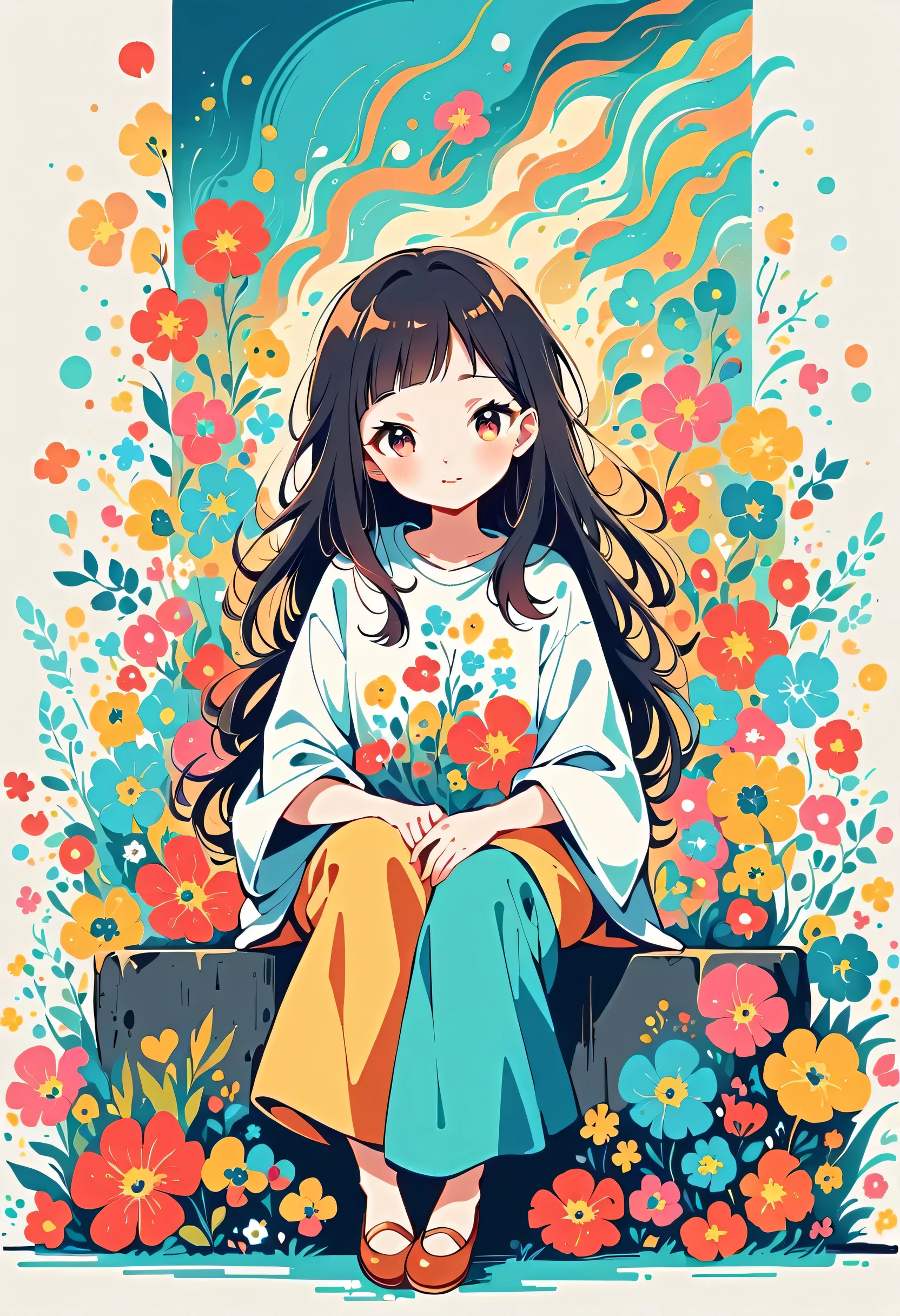 Watase Seizo style, Standing in front of a high wall，Simple Line Initialism，Abstract art，Urban Background, (((The most beautiful girl))), Lips in Love, sitting, colorful flowers